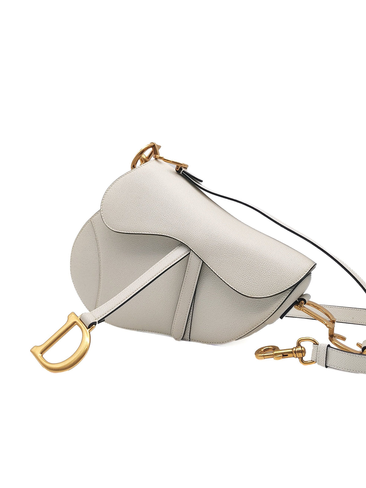 Christian Dior Saddle Bag Medium in White Grained Calfskin Leather and Aged Gold Hardware