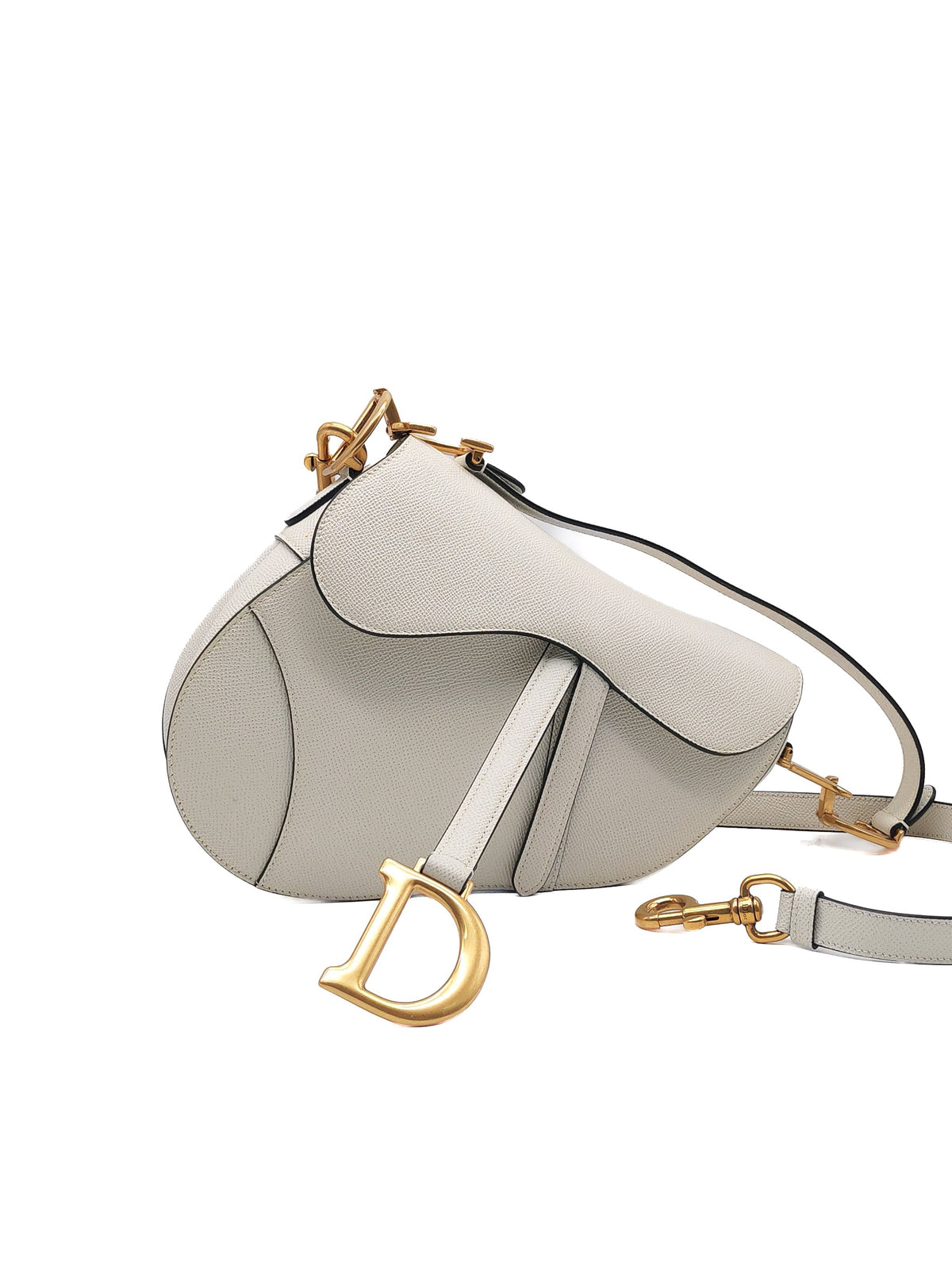 Christian Dior Saddle Bag Medium in White Grained Calfskin Leather and Aged Gold Hardware