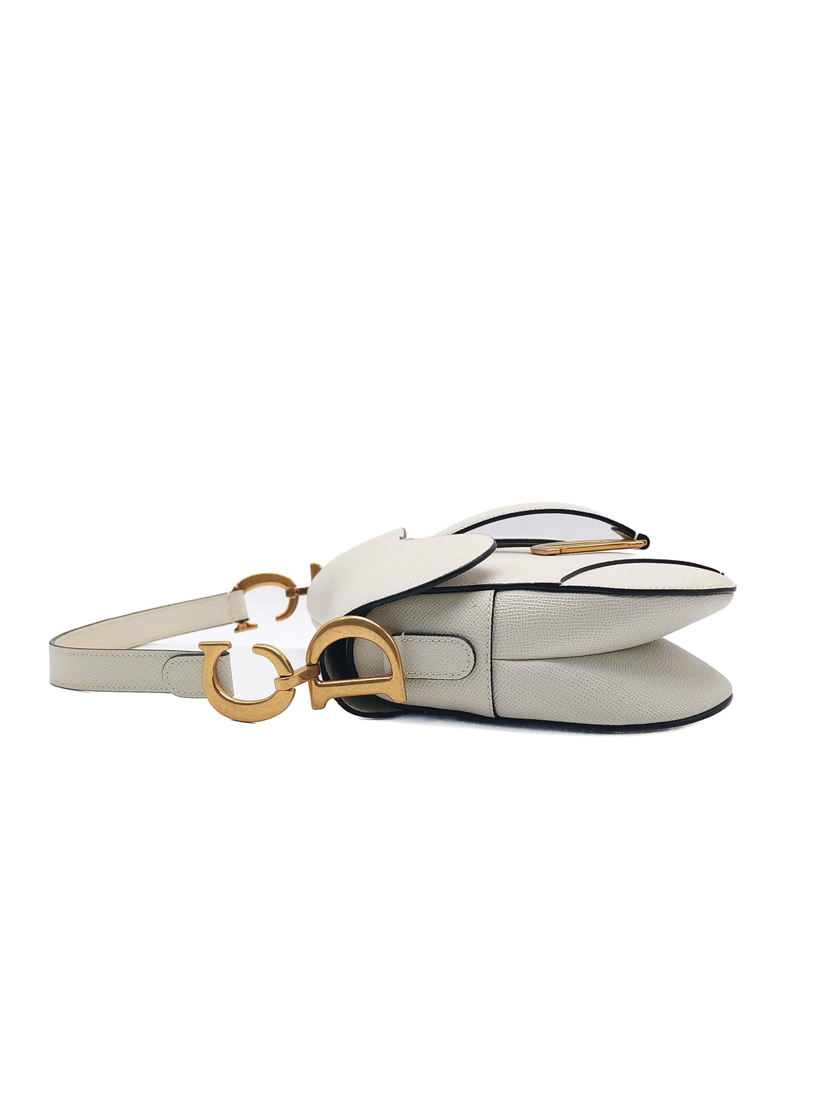 Christian Dior Saddle Bag Medium in White Grained Calfskin Leather and Aged Gold Hardware