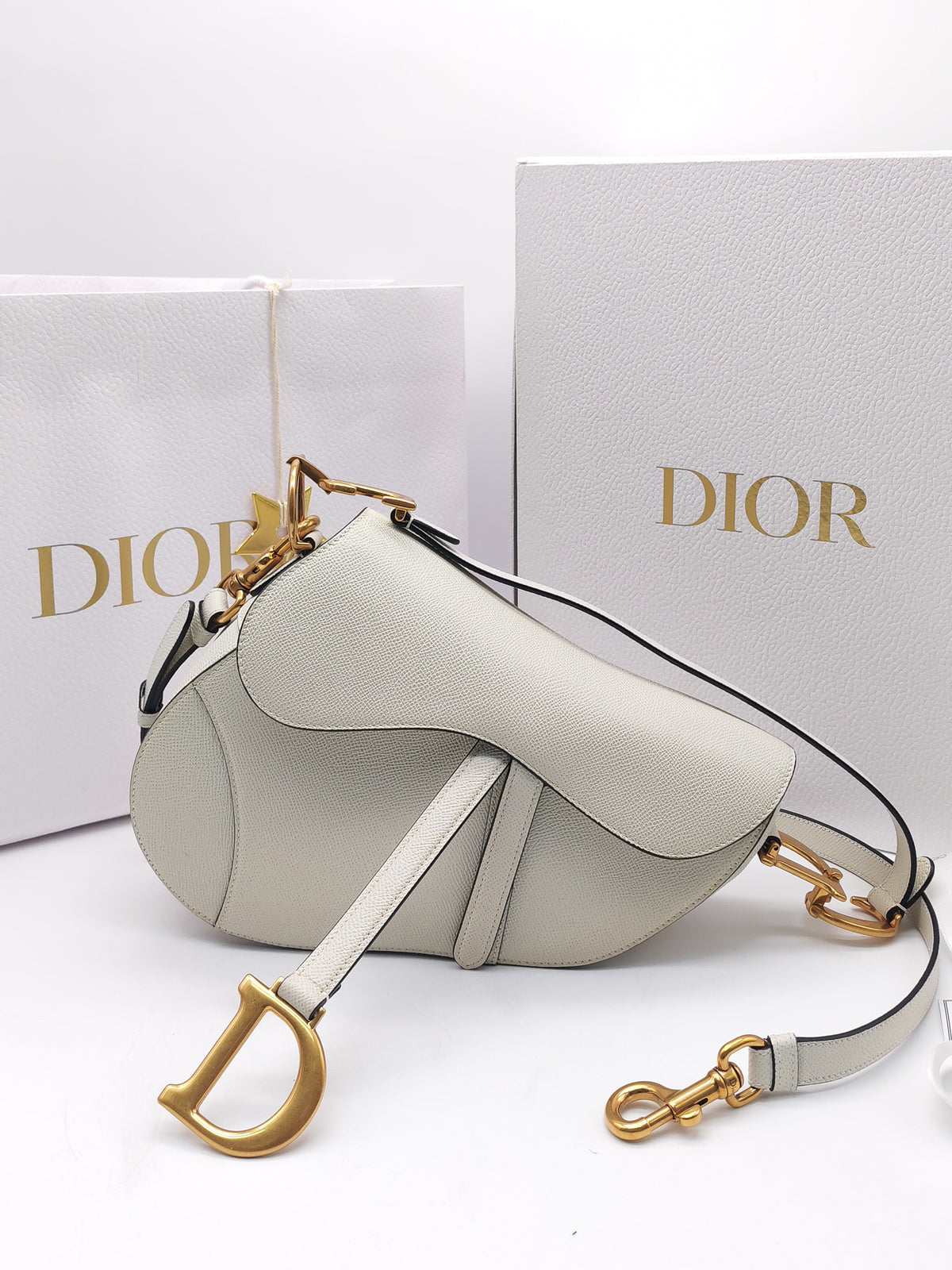 Christian Dior Saddle Bag Medium in White Grained Calfskin Leather and Aged Gold Hardware