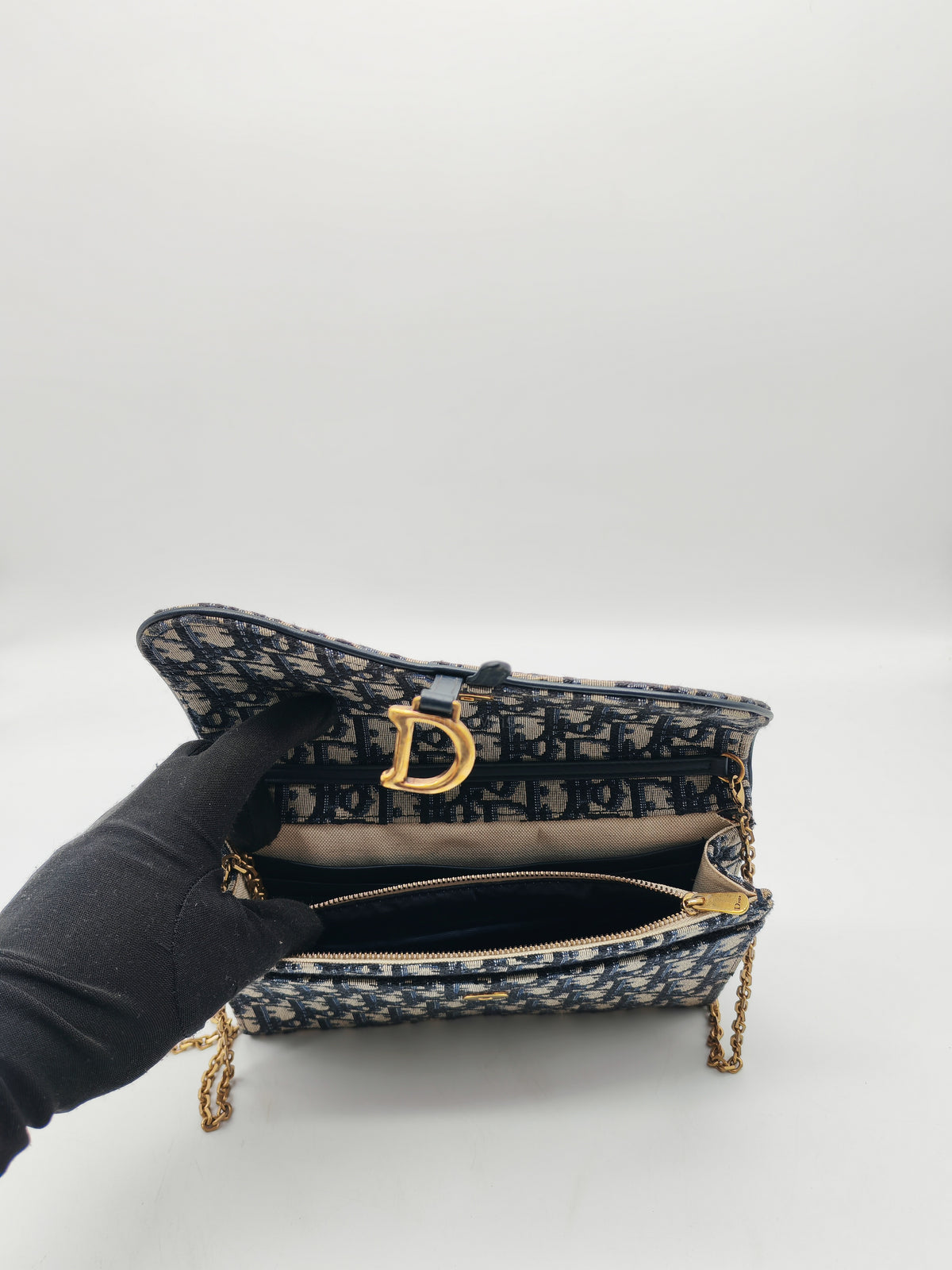 Christian Dior Saddle Pouch Wallet on Chain in Blue Oblique Jacquard Canvas and Gold Hardware