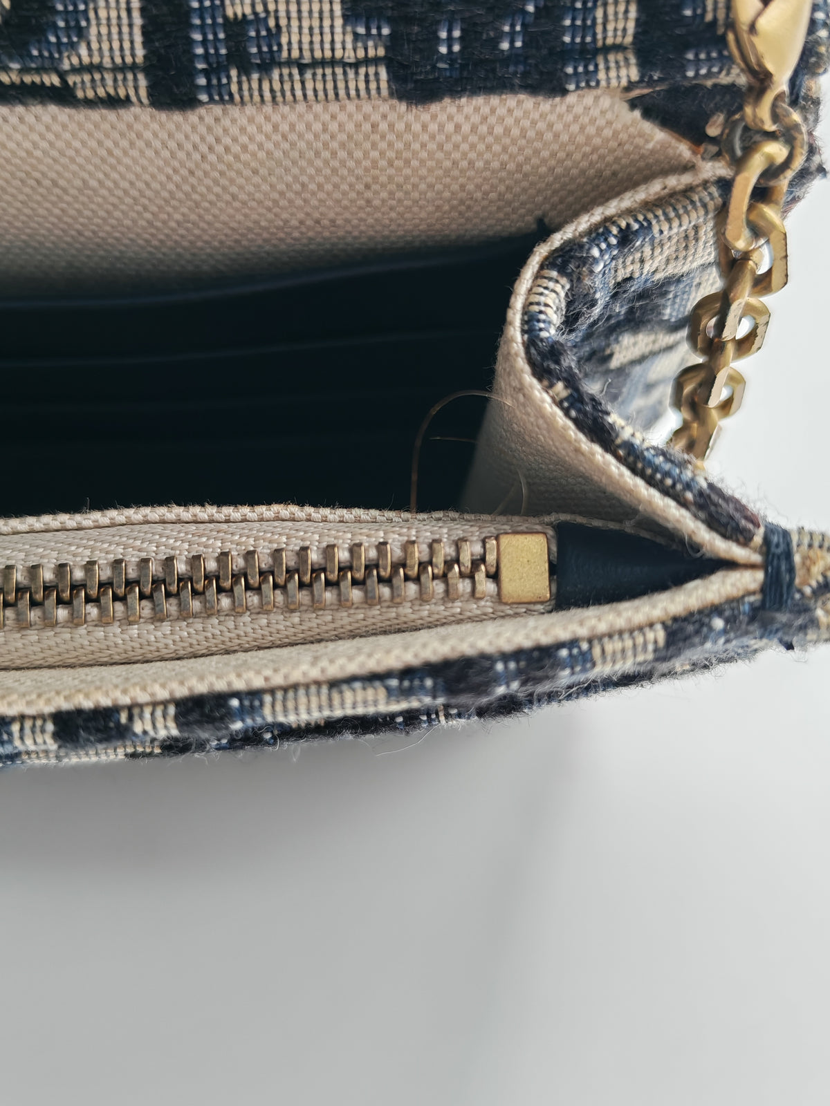 Christian Dior Saddle Pouch Wallet on Chain in Blue Oblique Jacquard Canvas and Gold Hardware