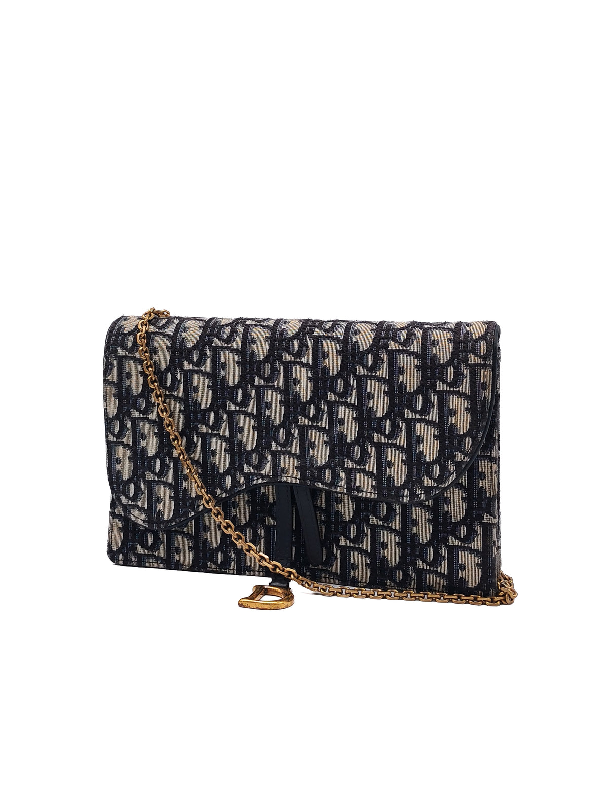 Christian Dior Saddle Pouch Wallet on Chain in Blue Oblique Jacquard Canvas and Gold Hardware