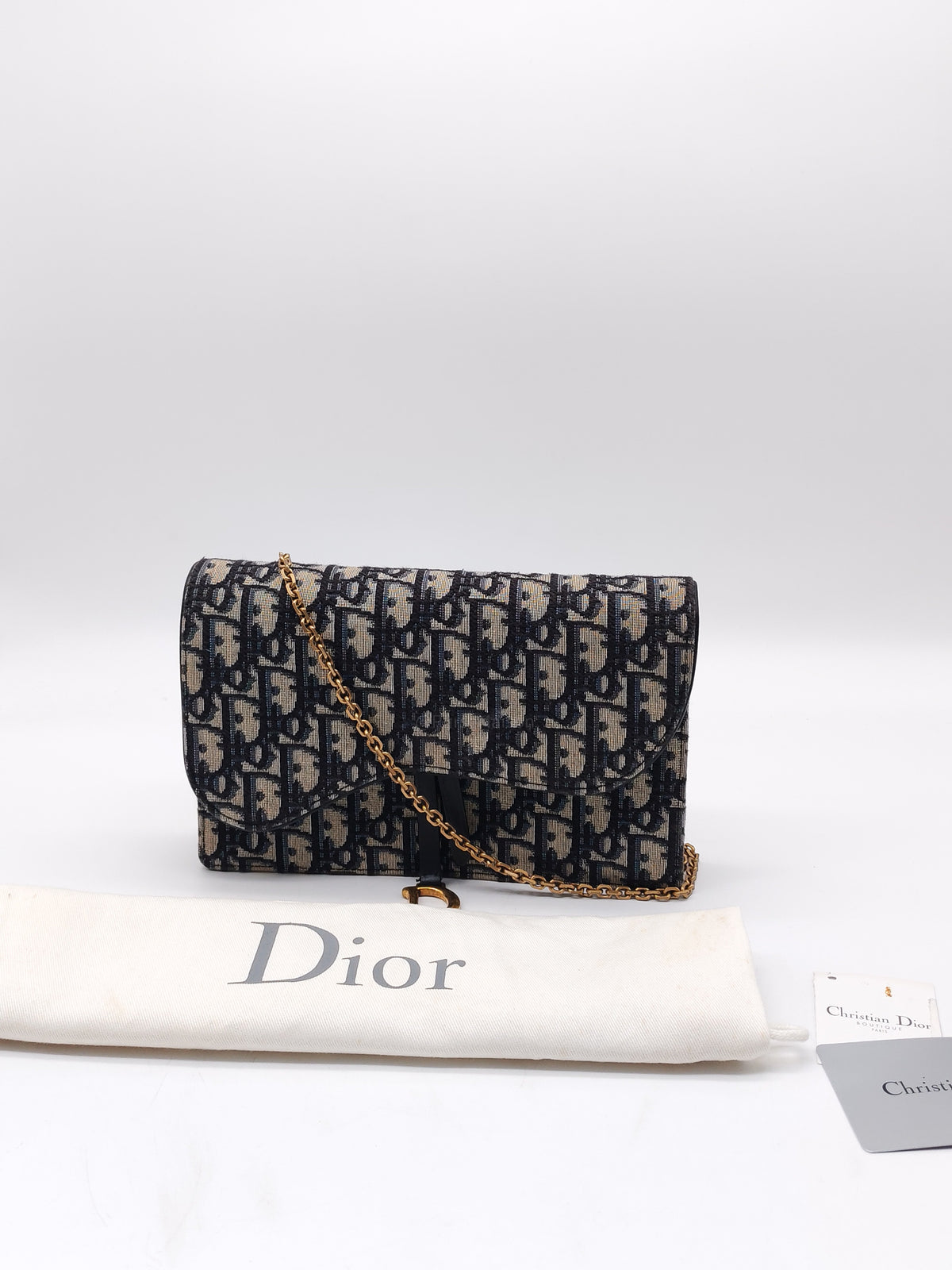 Christian Dior Saddle Pouch Wallet on Chain in Blue Oblique Jacquard Canvas and Gold Hardware