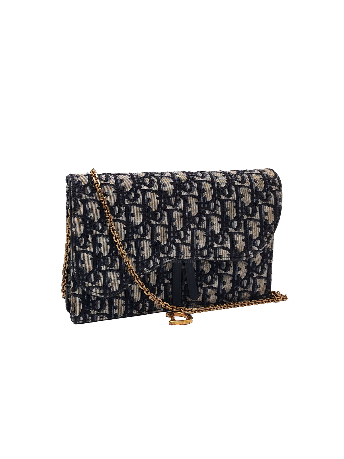 Christian Dior Saddle Pouch Wallet on Chain in Blue Oblique Jacquard Canvas and Gold Hardware