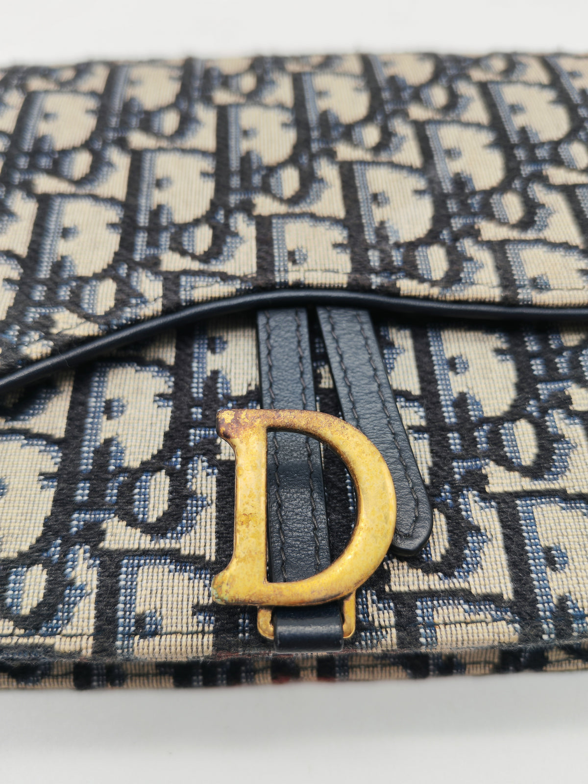 Christian Dior Saddle Pouch Wallet on Chain in Blue Oblique Jacquard Canvas and Gold Hardware