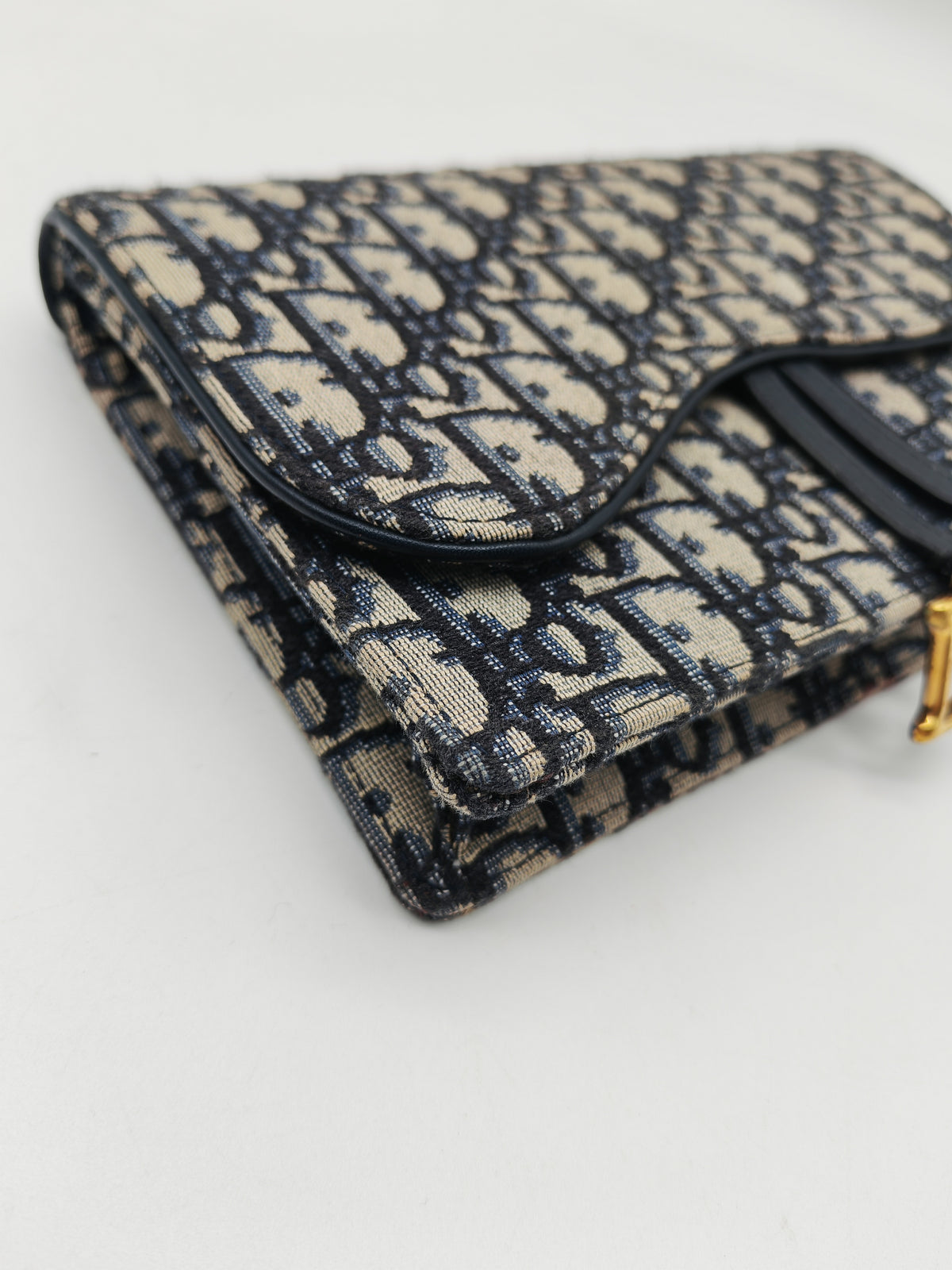Christian Dior Saddle Pouch Wallet on Chain in Blue Oblique Jacquard Canvas and Gold Hardware