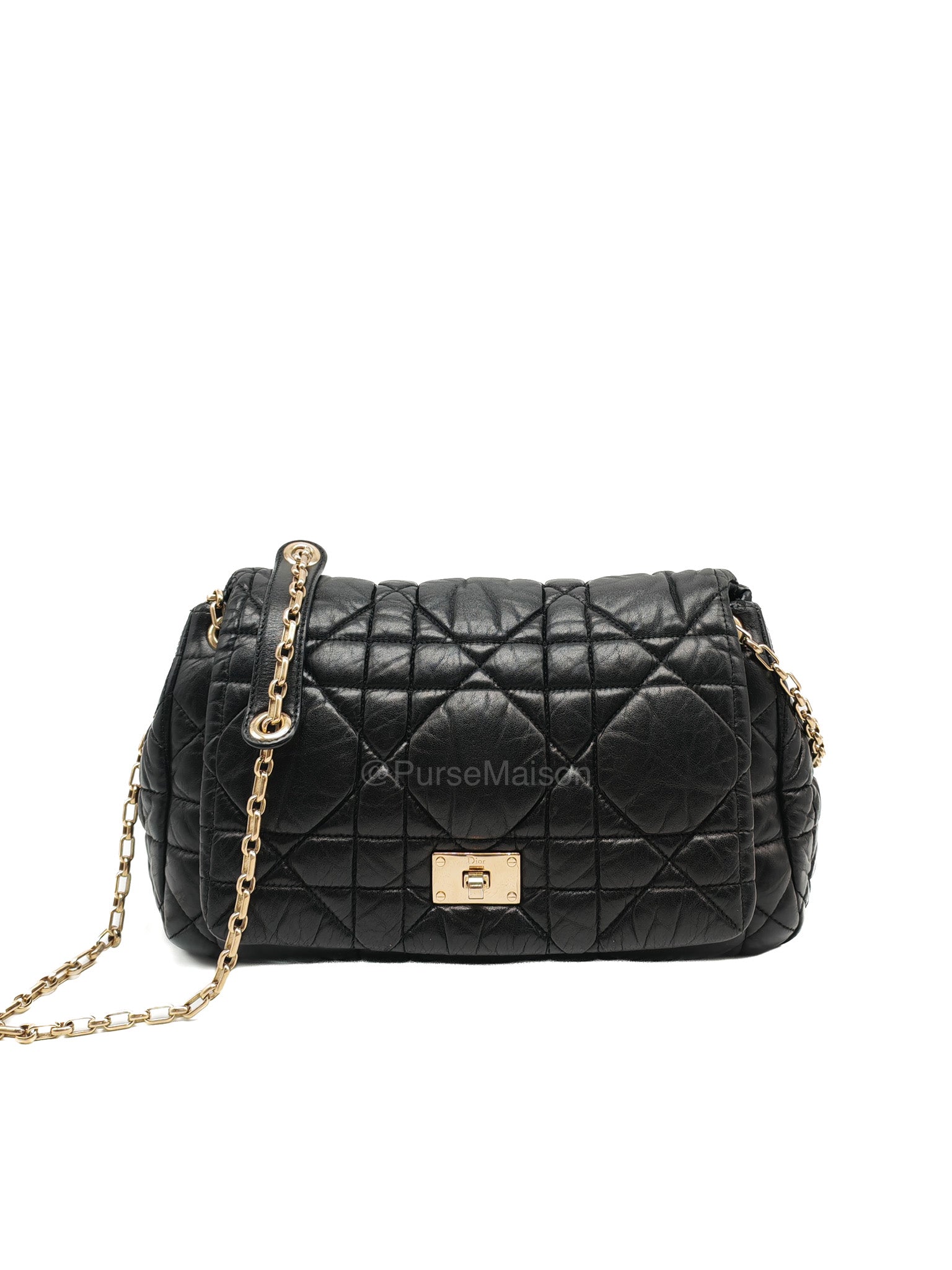 Christian Dior Milly La Foret Shoulder Bag in Black Quilted Cannage Lambskin Leather and Light Gold Hardware
