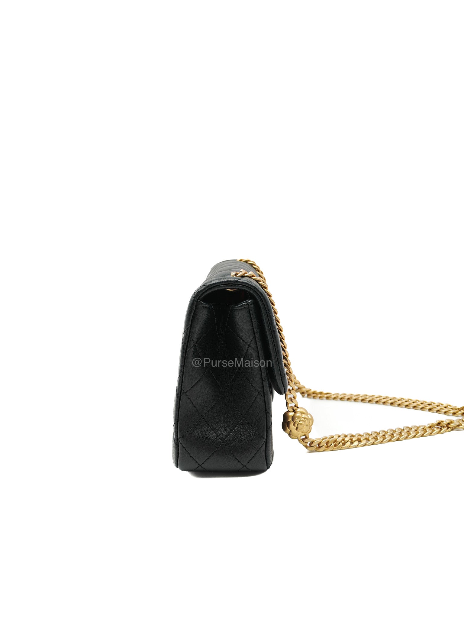 Chanel Camellia Crush Flap Medium in Black Quilted Lambskin Leather and Aged Gold Hardware Microchip