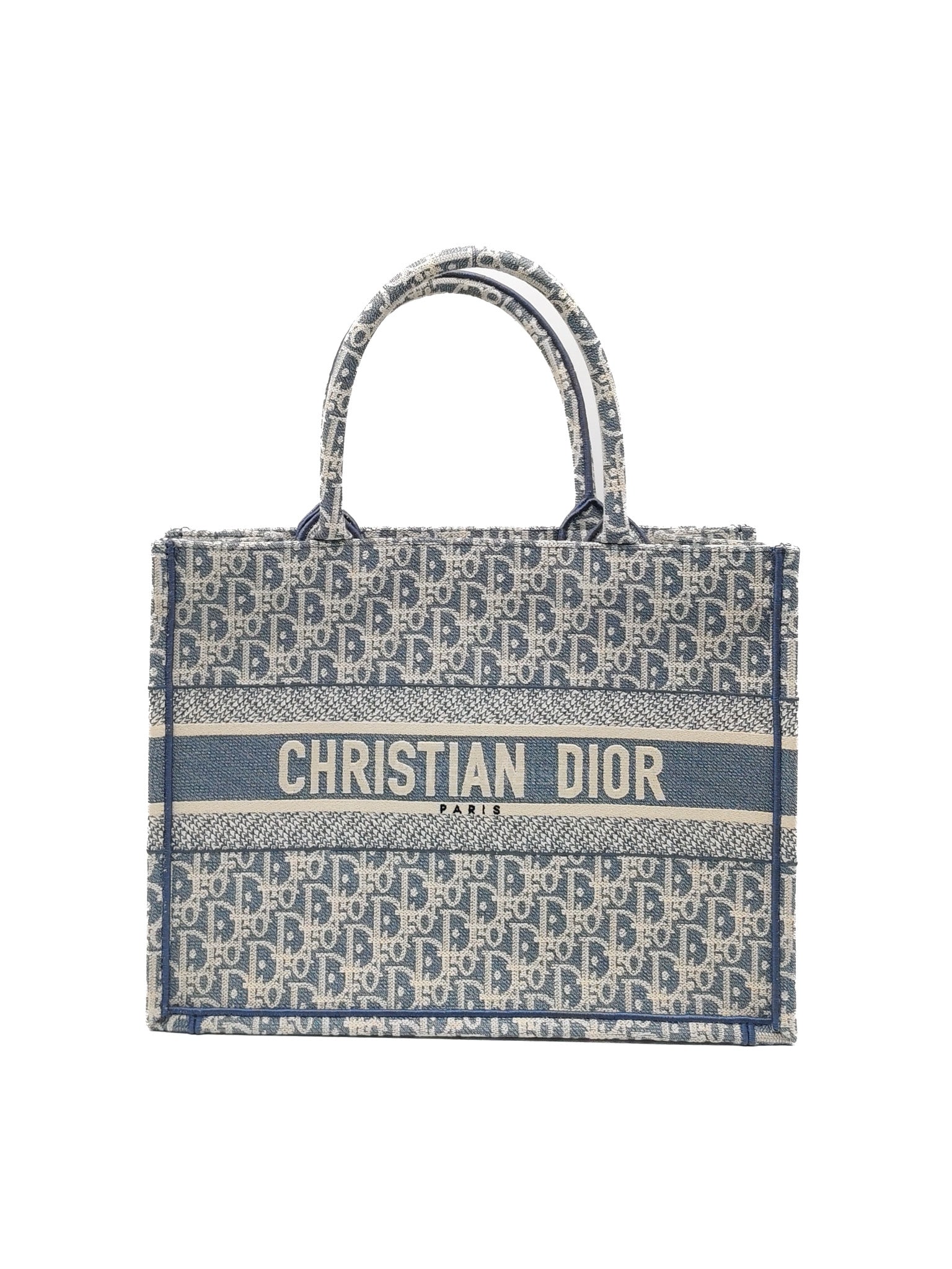 Christian Dior Book Tote Medium in Light Blue Oblique Pattern Canvas Embroidery