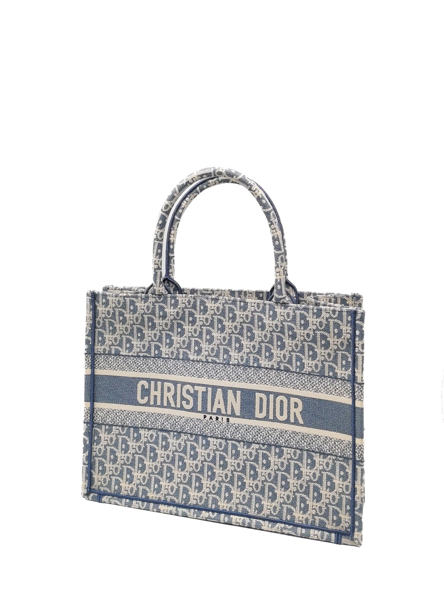 Christian Dior Book Tote Medium in Light Blue Oblique Pattern Canvas Embroidery