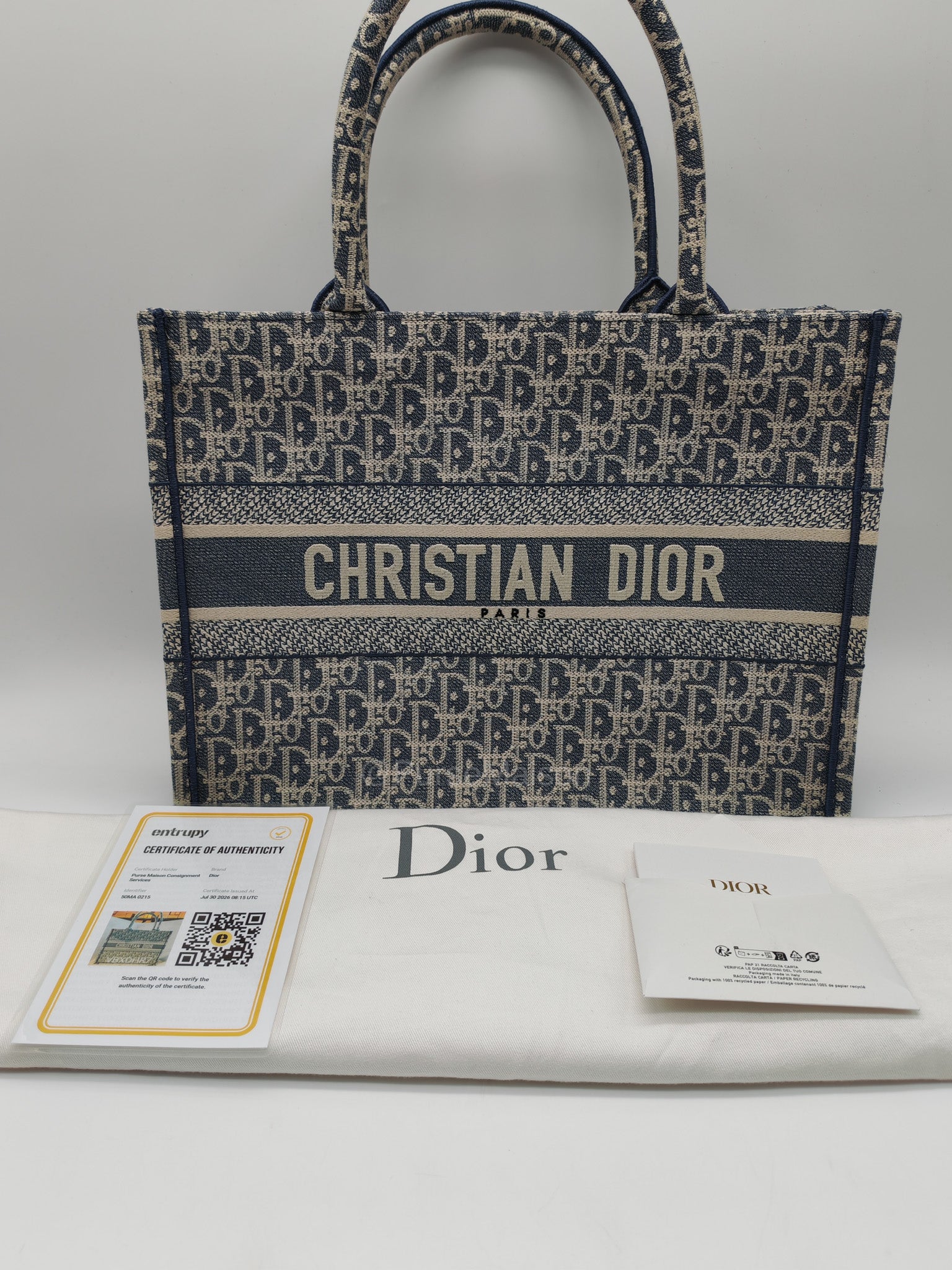 Christian Dior Book Tote Medium in Light Blue Oblique Pattern Canvas Embroidery