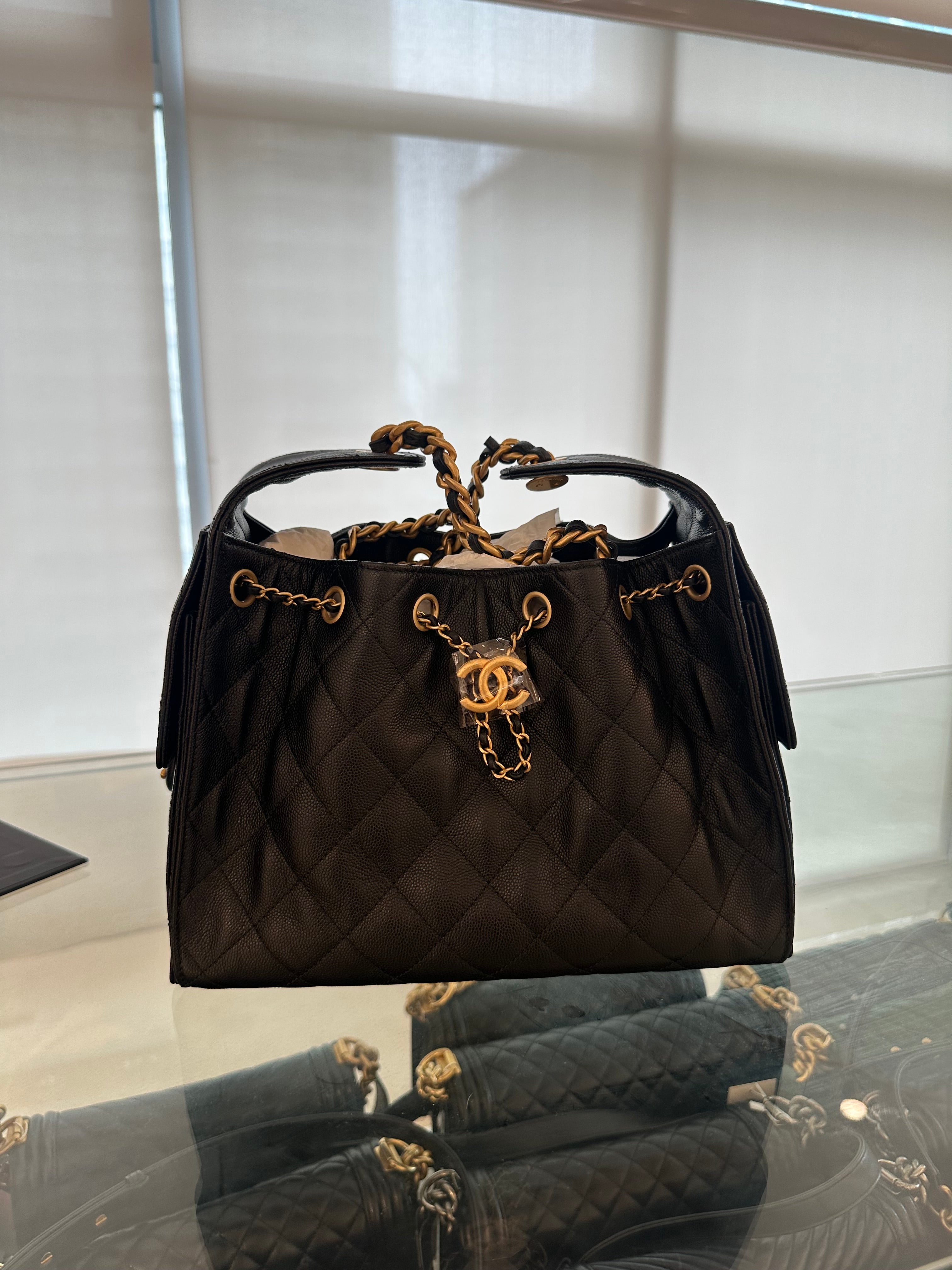 Chanel 25 small black caviar leather AGHW microchip