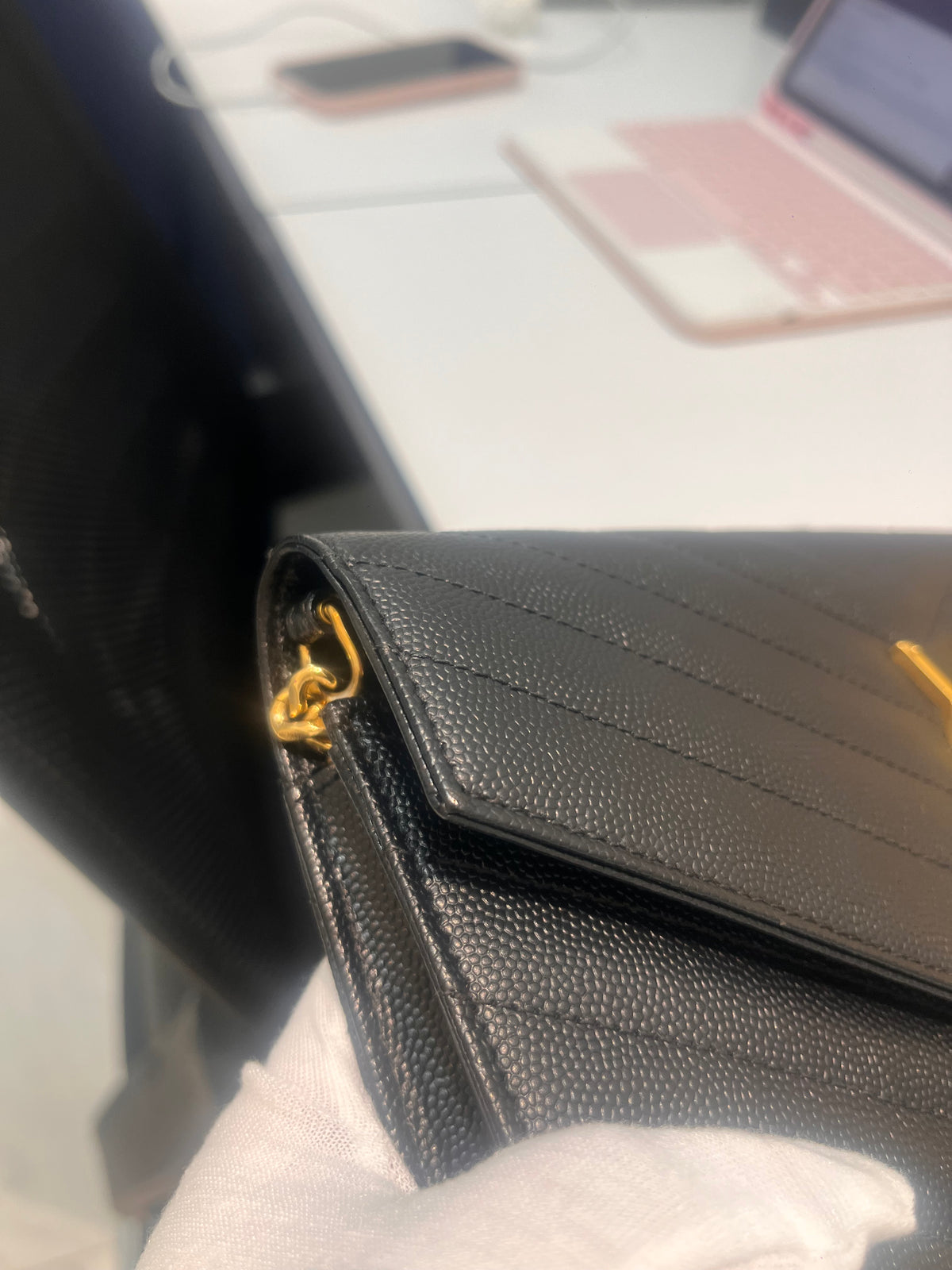 Yves Saint Laurent Cassandre Wallet on Chain in Black Chevron Quilted Grain De Poudre Calfskin Leather & Gold Hardware