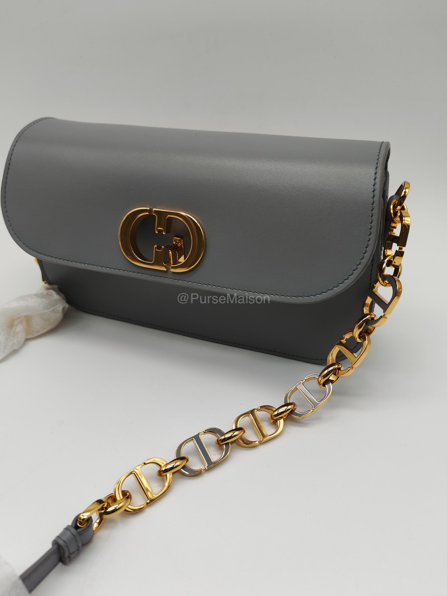 Christian Dior 30 Montaigne Avenue East West in Light Gray Smooth Calfskin Leather Chain Bag
