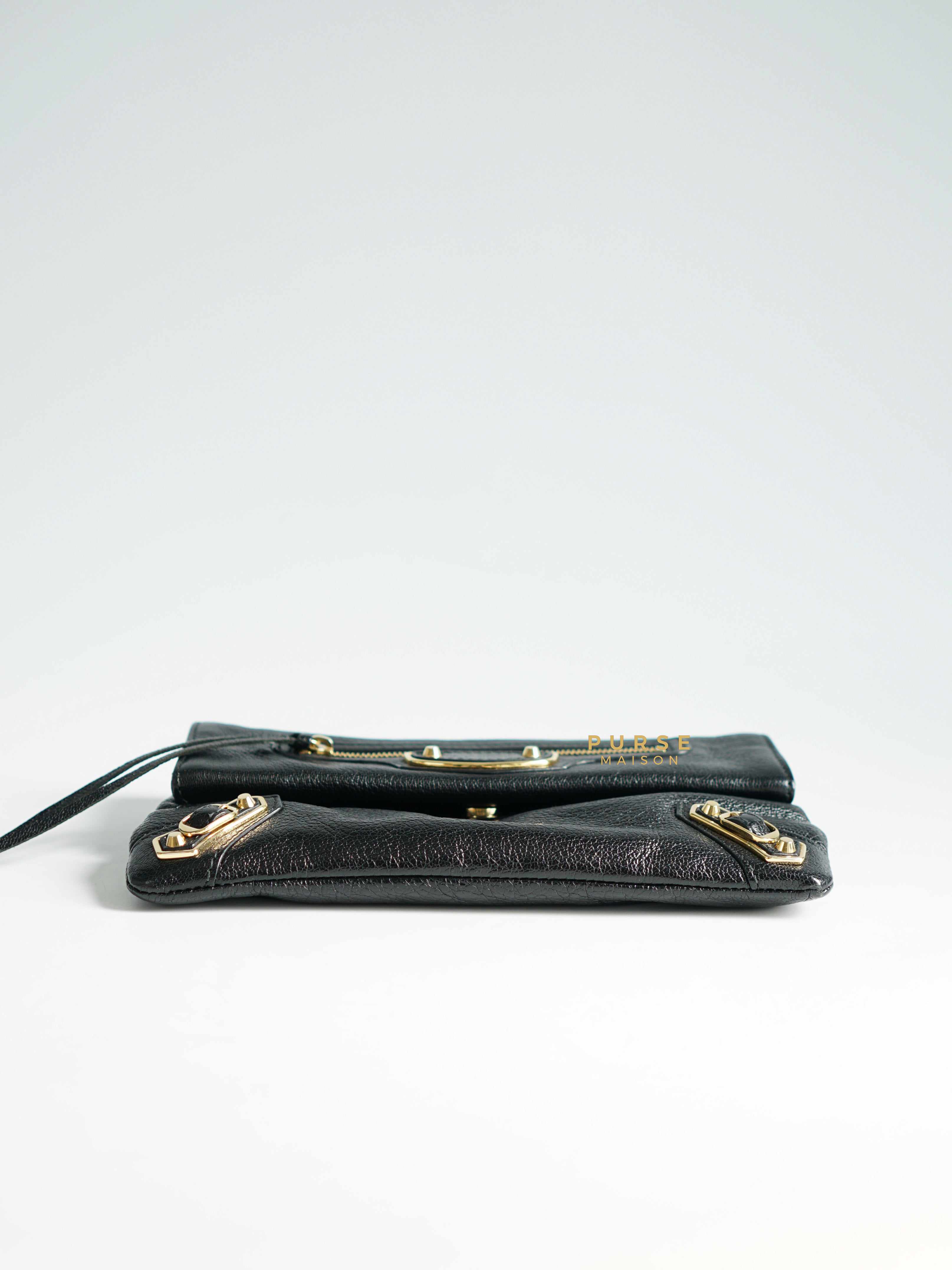 Balenciaga Metallic Edge Black Envelope Clutch with Strap Small | Purse Maison Luxury Bags Shop