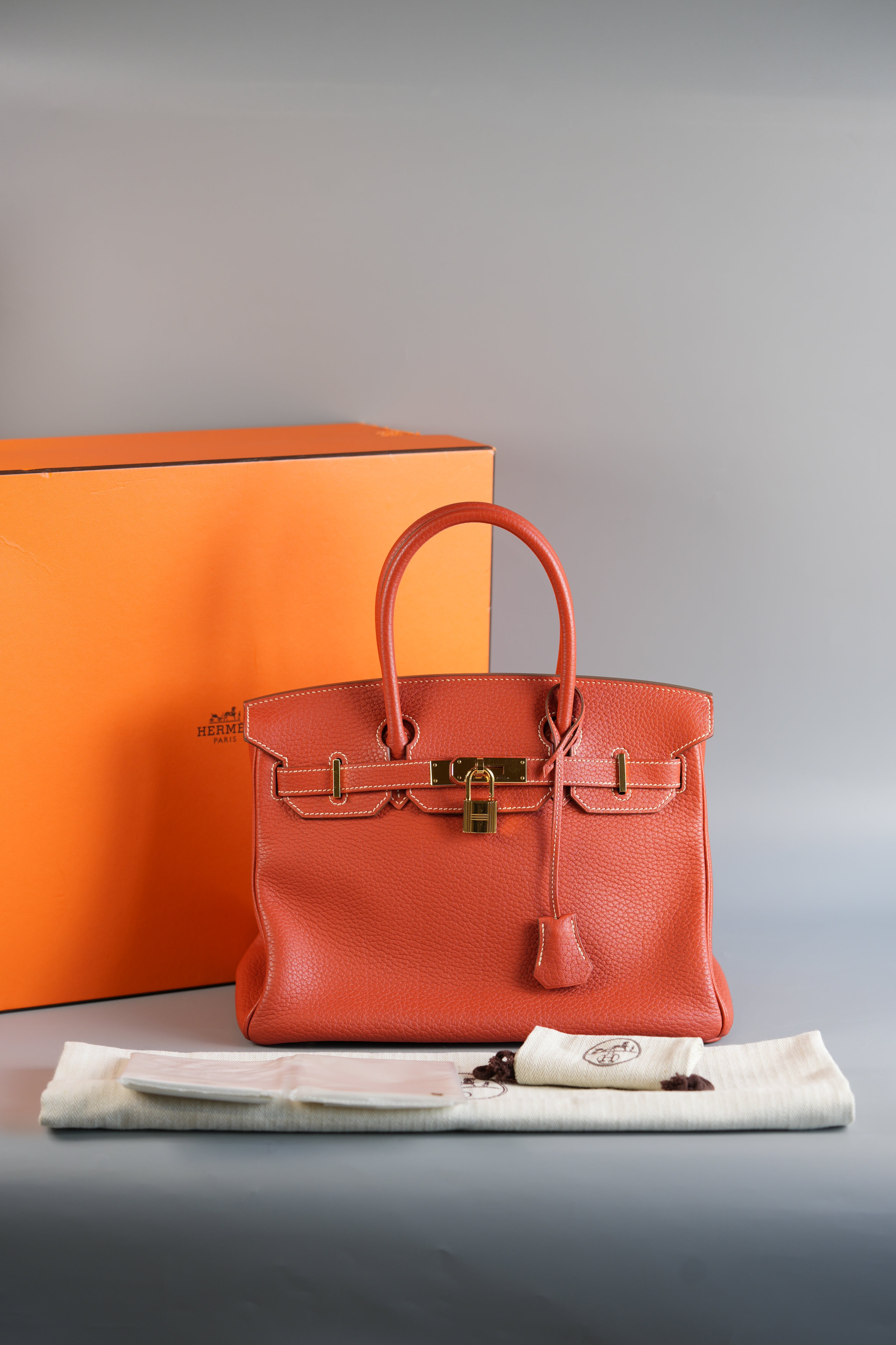 Birkin 30 in Sanguine Clemence Leather & Gold Hardware Stamp Square Q | Purse Maison Luxury Bags Shop