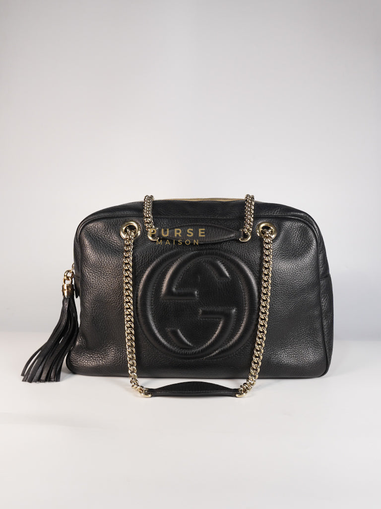 Soho Chain Zip Shoulder Bag in Black Calfskin Leather
