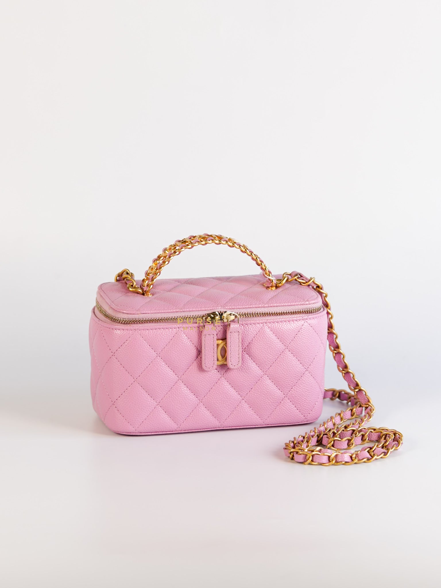 Vanity Case Top in Pink Caviar Leather and Aged Gold Hardware (Series 32)