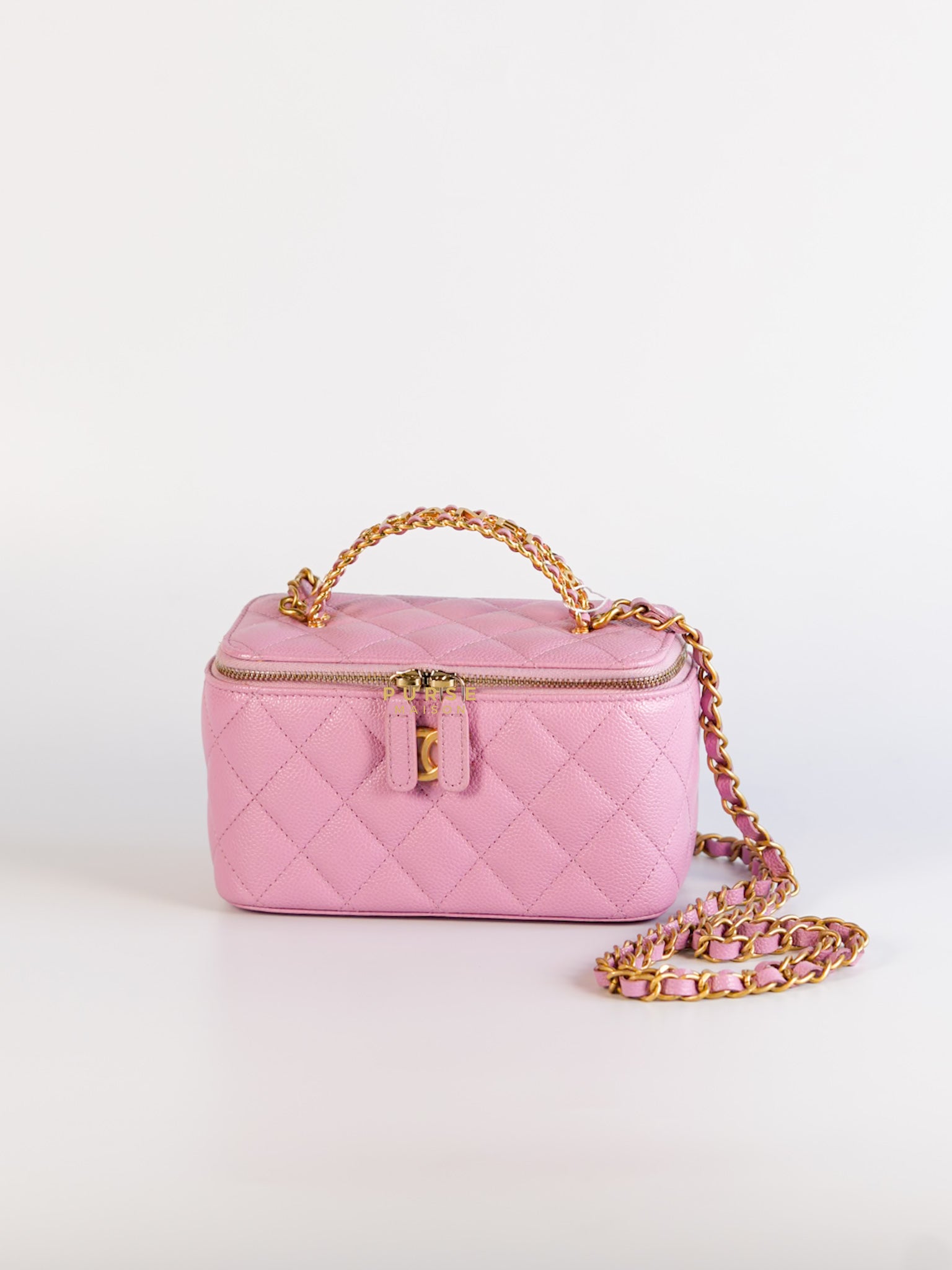 Vanity Case Top in Pink Caviar Leather and Aged Gold Hardware (Series 32)