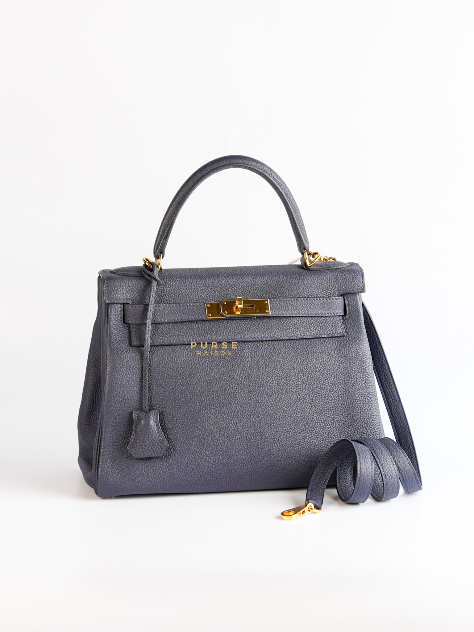 Kelly 28 in Bleu Nuit Togo Leather and Gold Hardware Stamp D