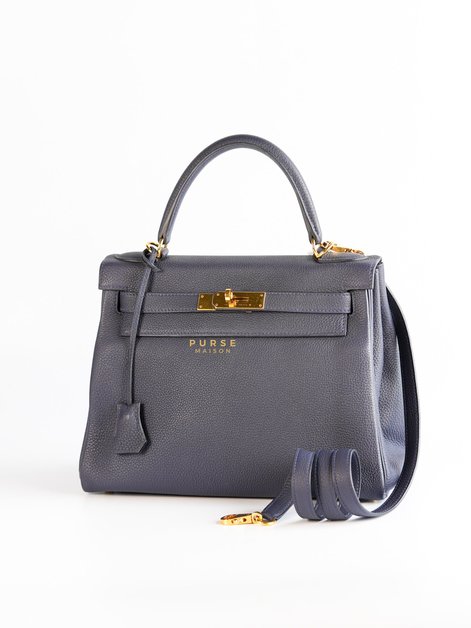 Kelly 28 in Bleu Nuit Togo Leather and Gold Hardware Stamp D