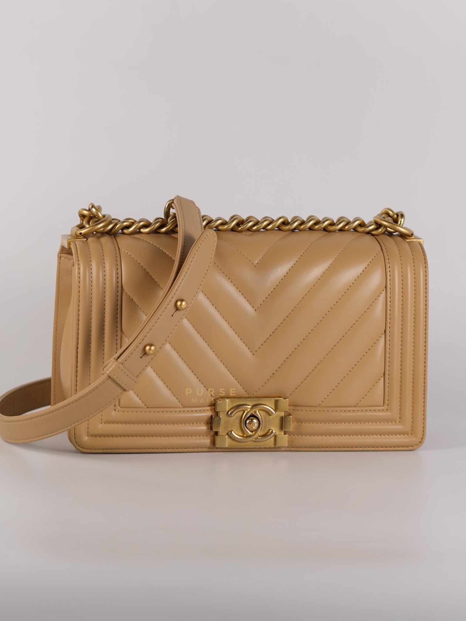 Le Boy Old Medium in Beige Chevron Lambskin Leather Series 25