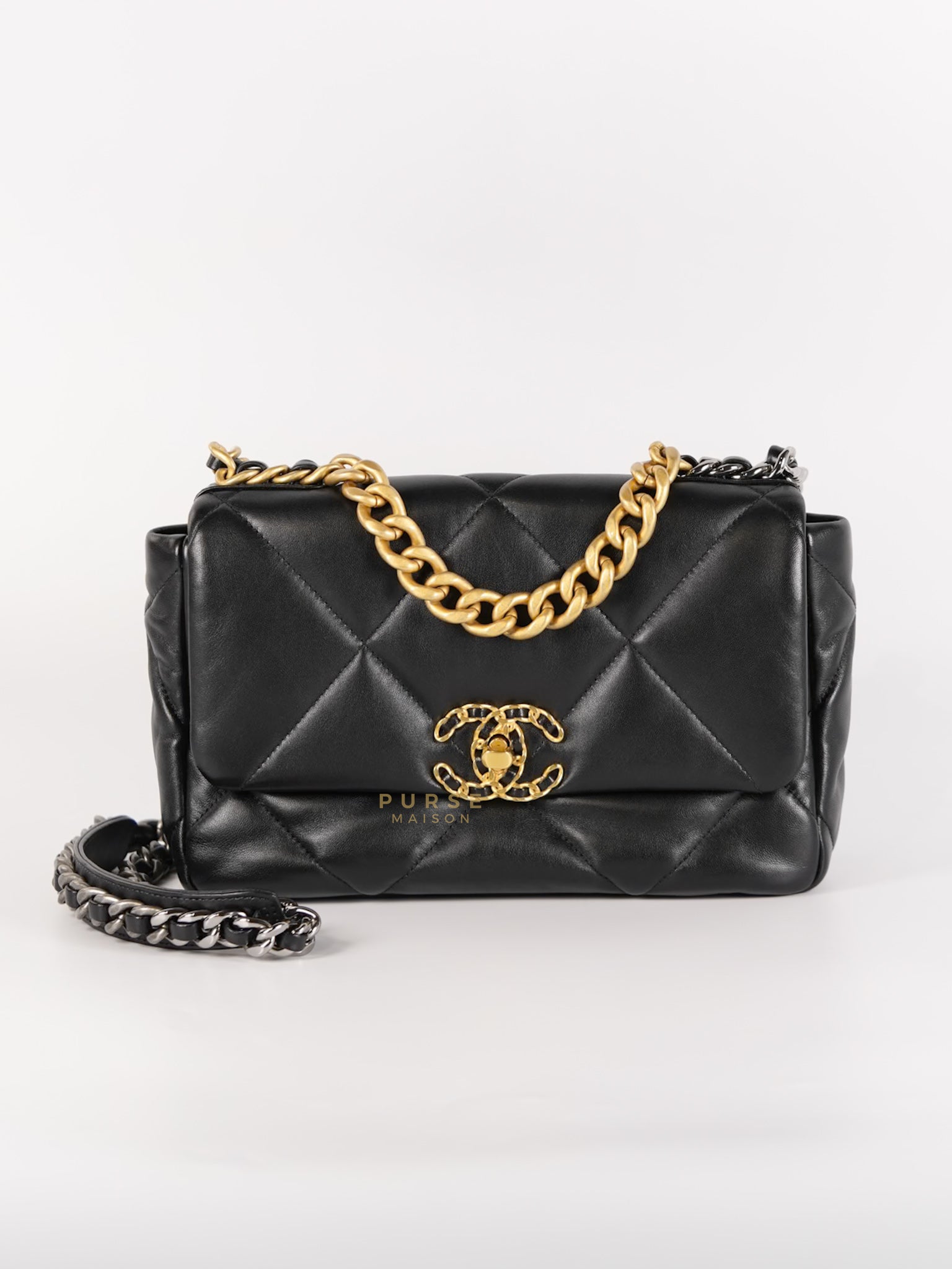 19 Flap Bag Small in Black Quilted Lambskin Leather Gold & Silver Hardware Microchip