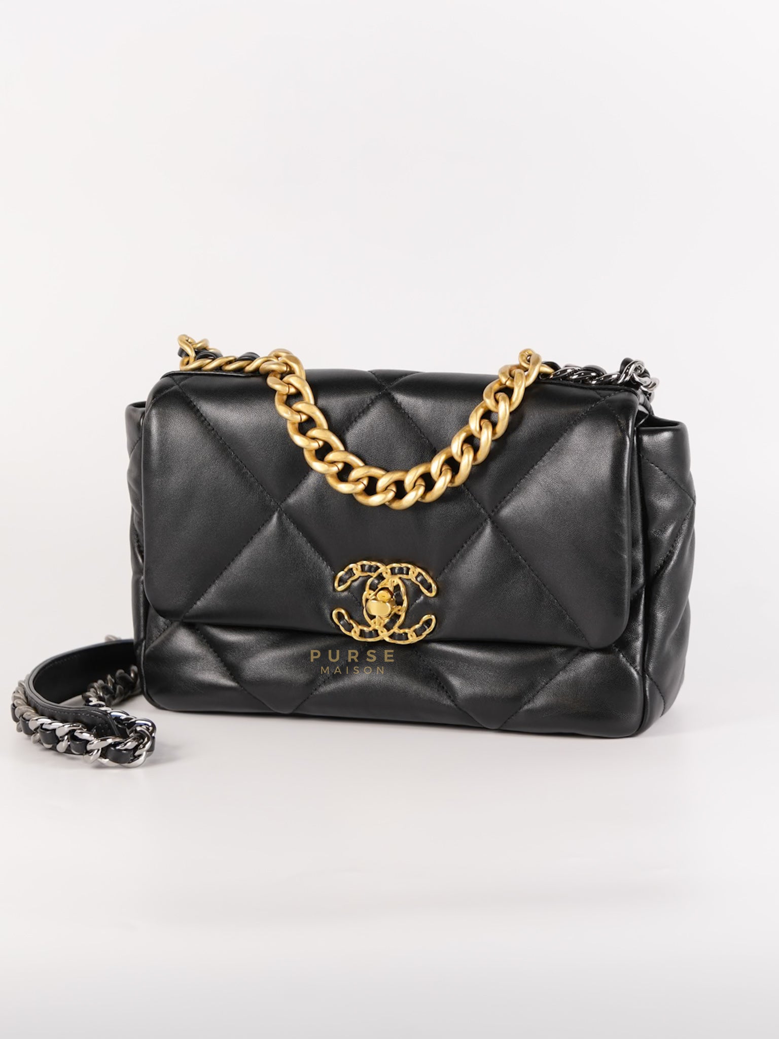 19 Flap Bag Small in Black Quilted Lambskin Leather Gold & Silver Hardware Microchip