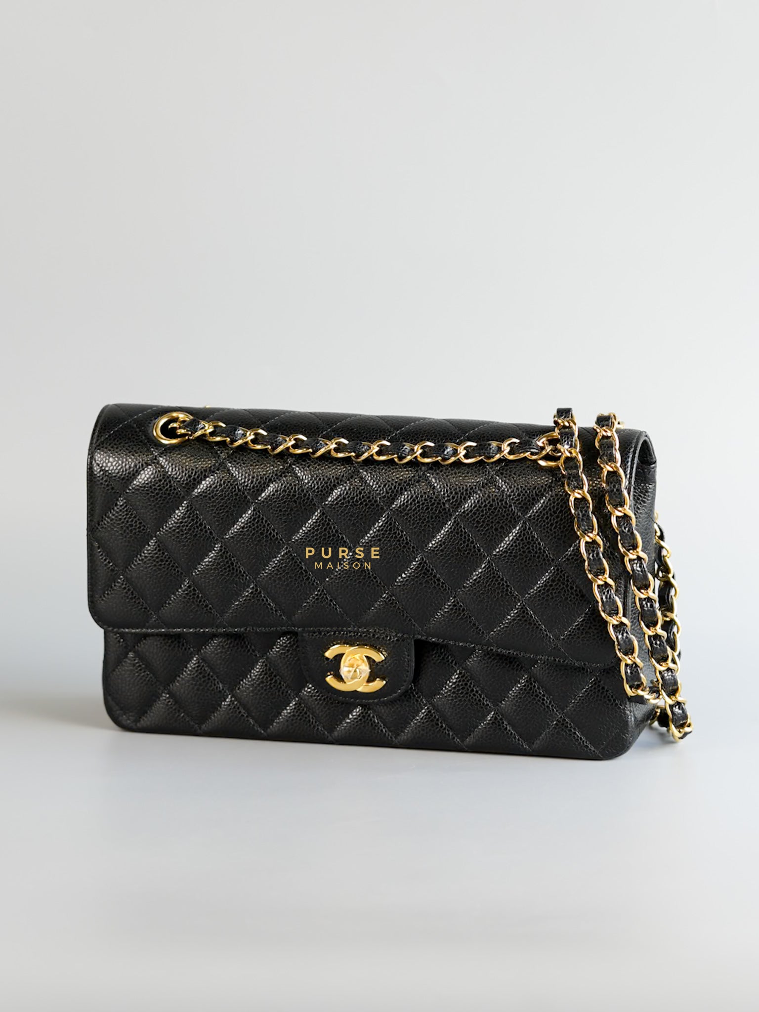 Classic Double Flap Medium Black Quilted Caviar and Gold Hardware (Microchip) | Purse Maison Luxury Bags Shop