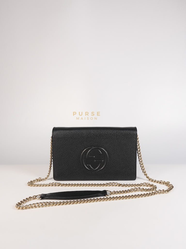 Soho Wallet on Chain in Black Calfskin Leather & Gold Hardware