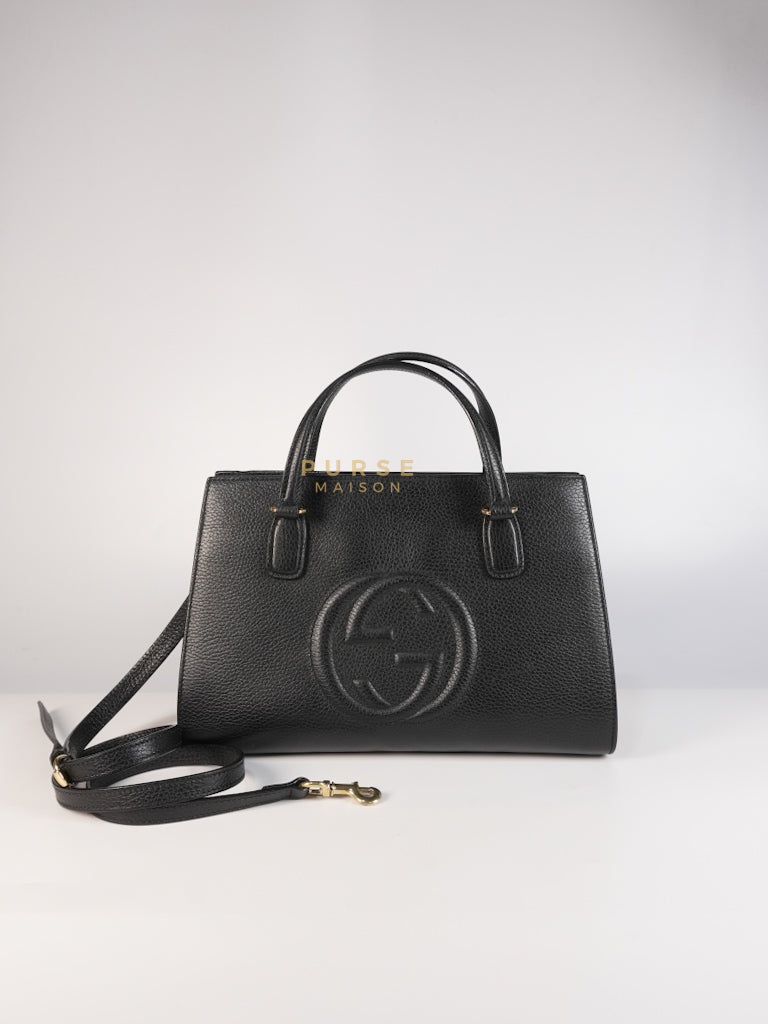 Soho Interlocking G Top Handle 2 Way Bag in Black Calfskin Leather