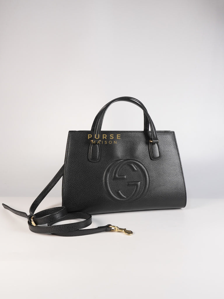 Soho Interlocking G Top Handle 2 Way Bag in Black Calfskin Leather