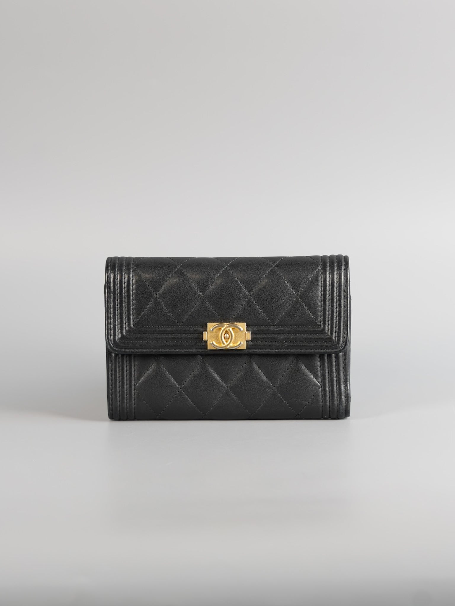 Boy Tri-fold Wallet in Black Quilted Lambskin Leather & Aged Gold Hardware Series 24