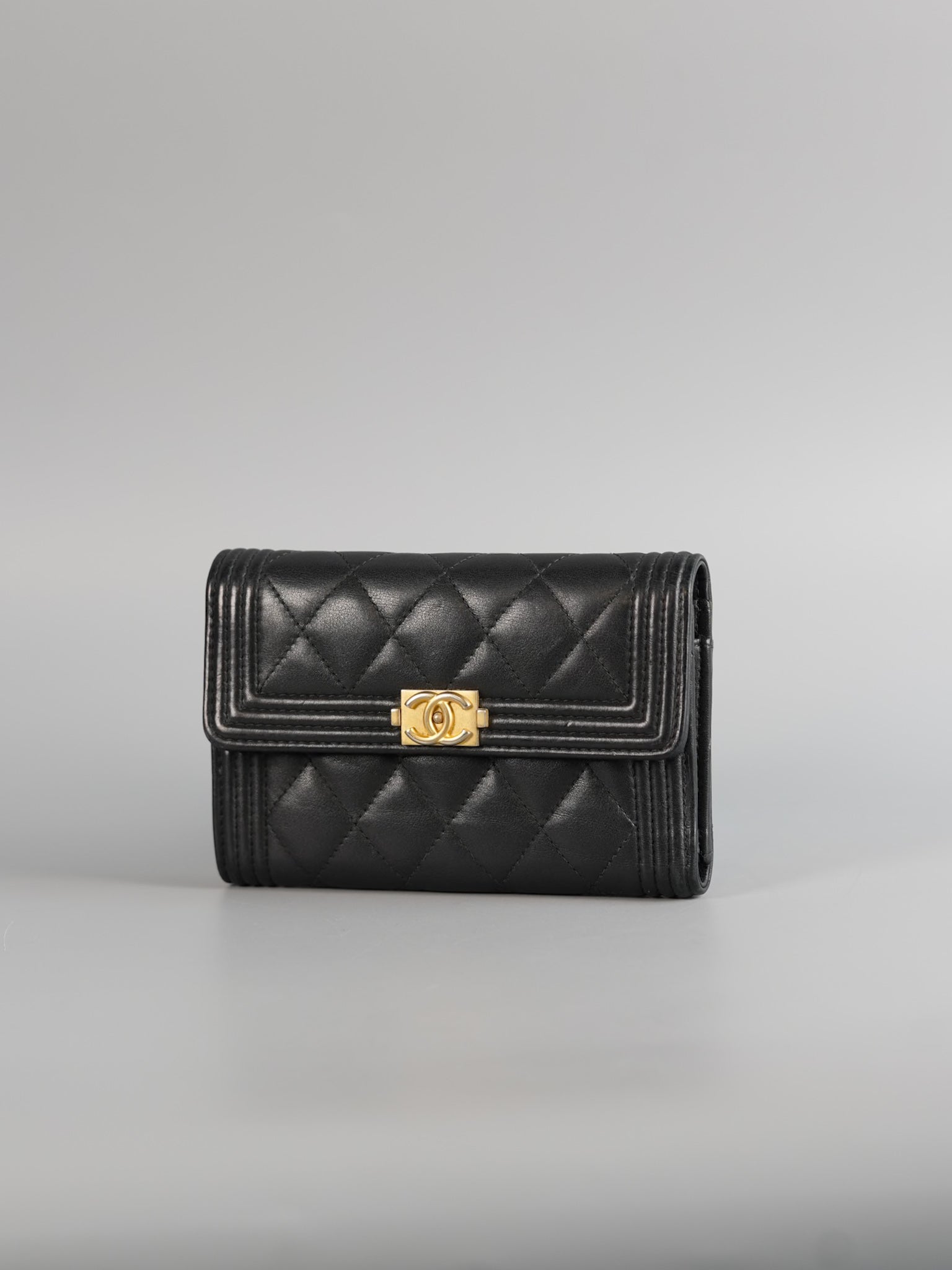 Boy Tri-fold Wallet in Black Quilted Lambskin Leather & Aged Gold Hardware Series 24