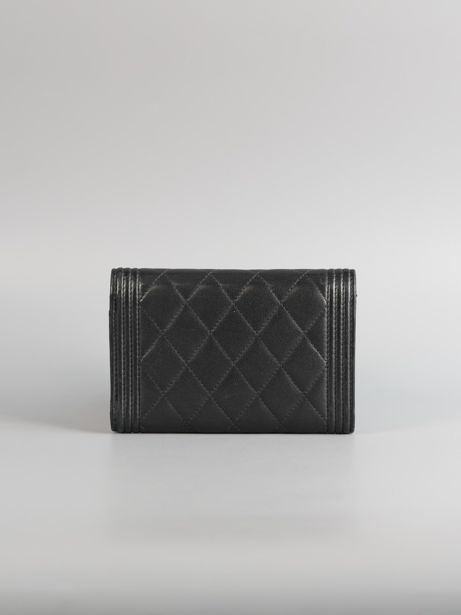 Boy Tri-fold Wallet in Black Quilted Lambskin Leather & Aged Gold Hardware Series 24