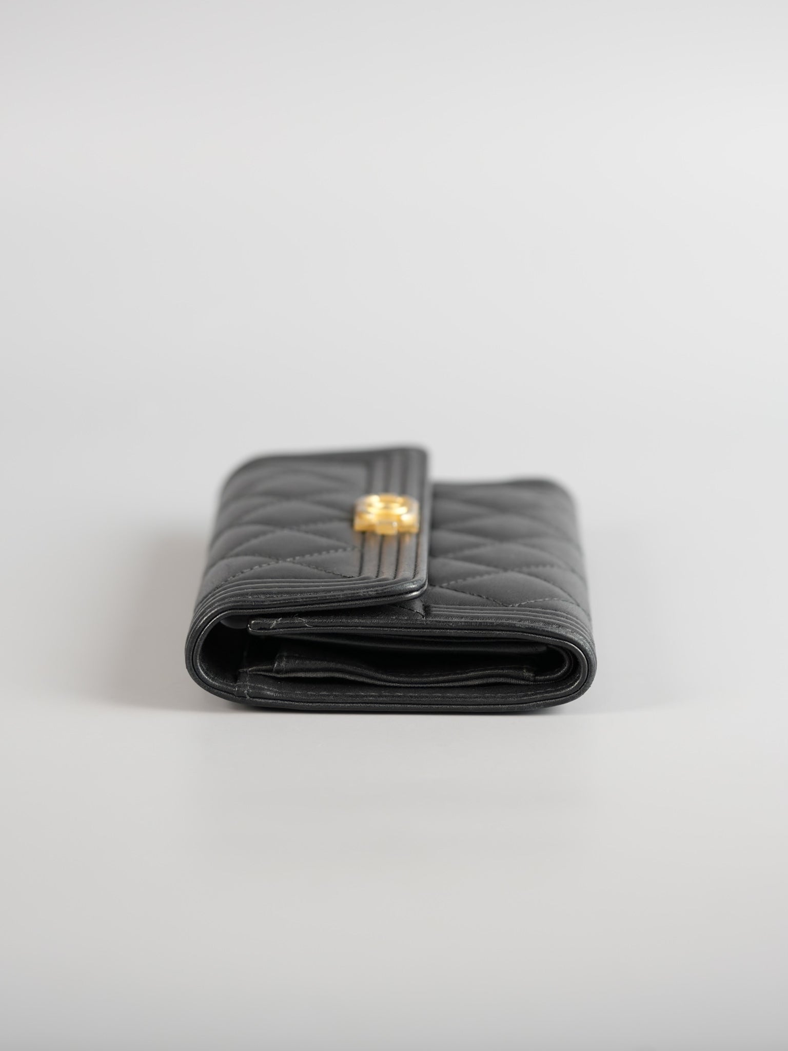 Boy Tri-fold Wallet in Black Quilted Lambskin Leather & Aged Gold Hardware Series 24