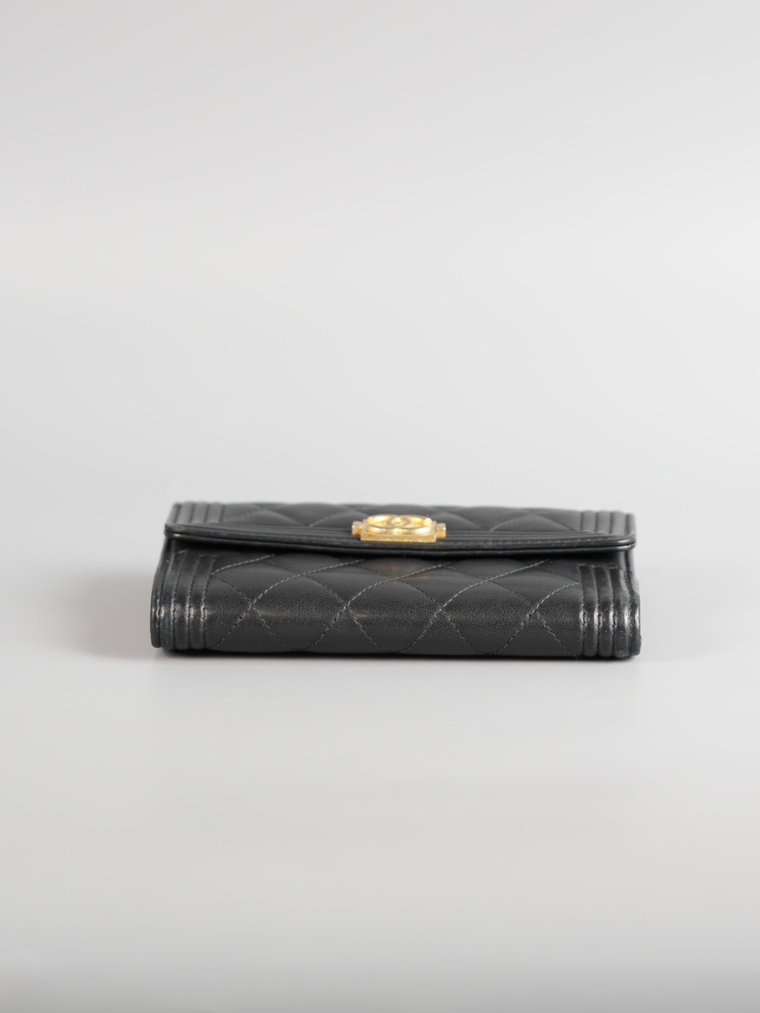 Boy Tri-fold Wallet in Black Quilted Lambskin Leather & Aged Gold Hardware Series 24