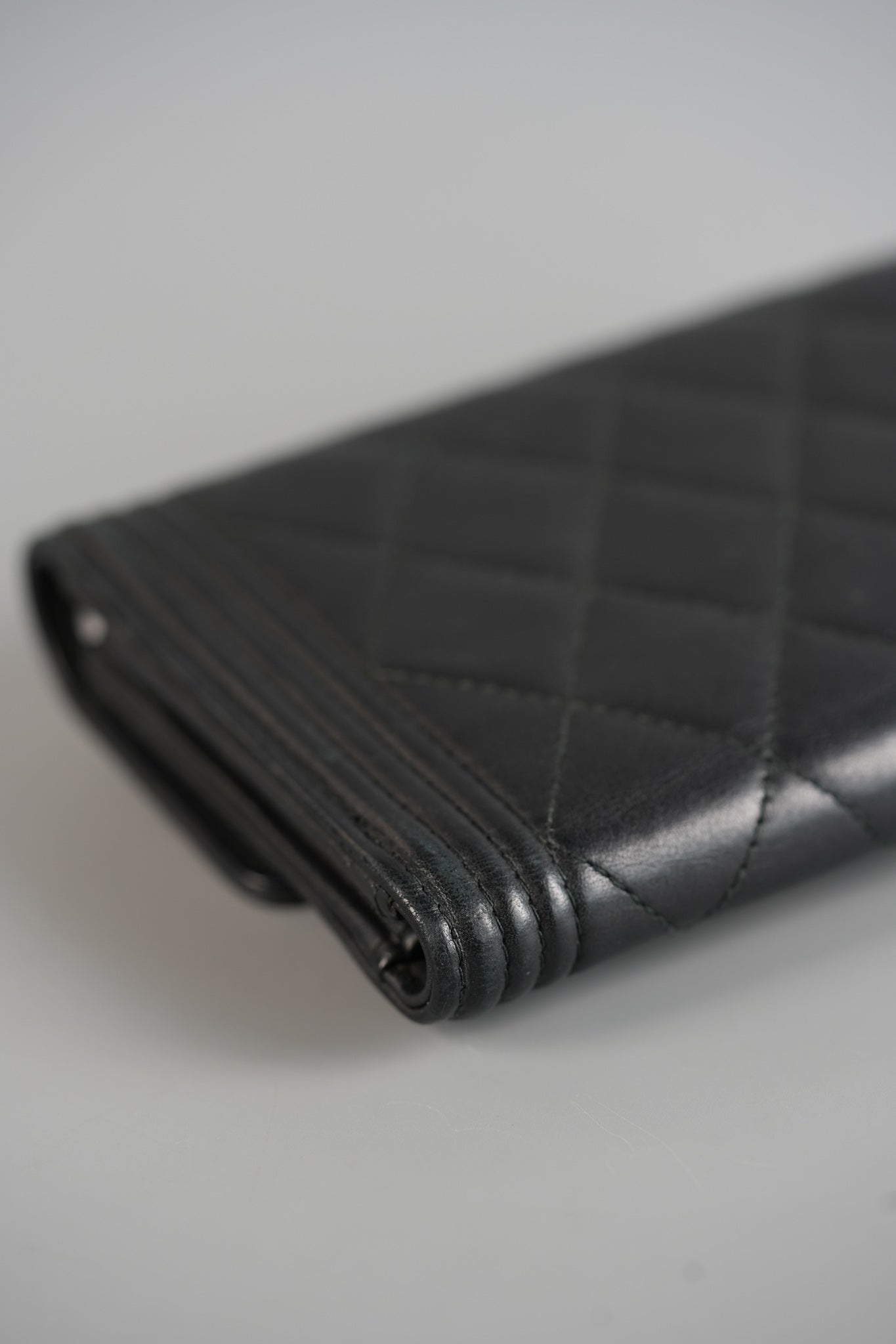 Boy Tri-fold Wallet in Black Quilted Lambskin Leather & Aged Gold Hardware Series 24