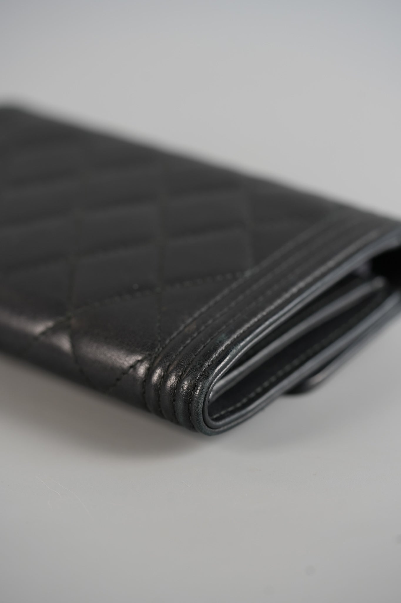 Boy Tri-fold Wallet in Black Quilted Lambskin Leather & Aged Gold Hardware Series 24