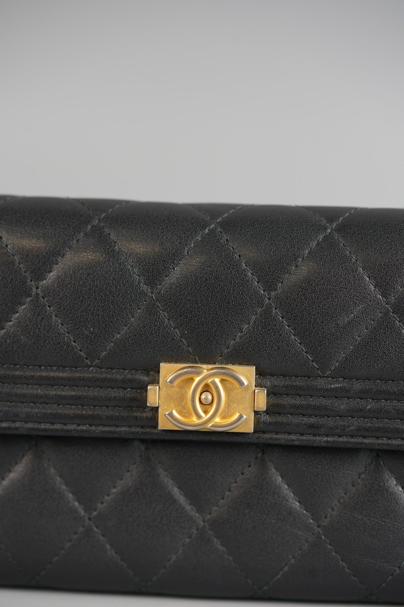 Boy Tri-fold Wallet in Black Quilted Lambskin Leather & Aged Gold Hardware Series 24