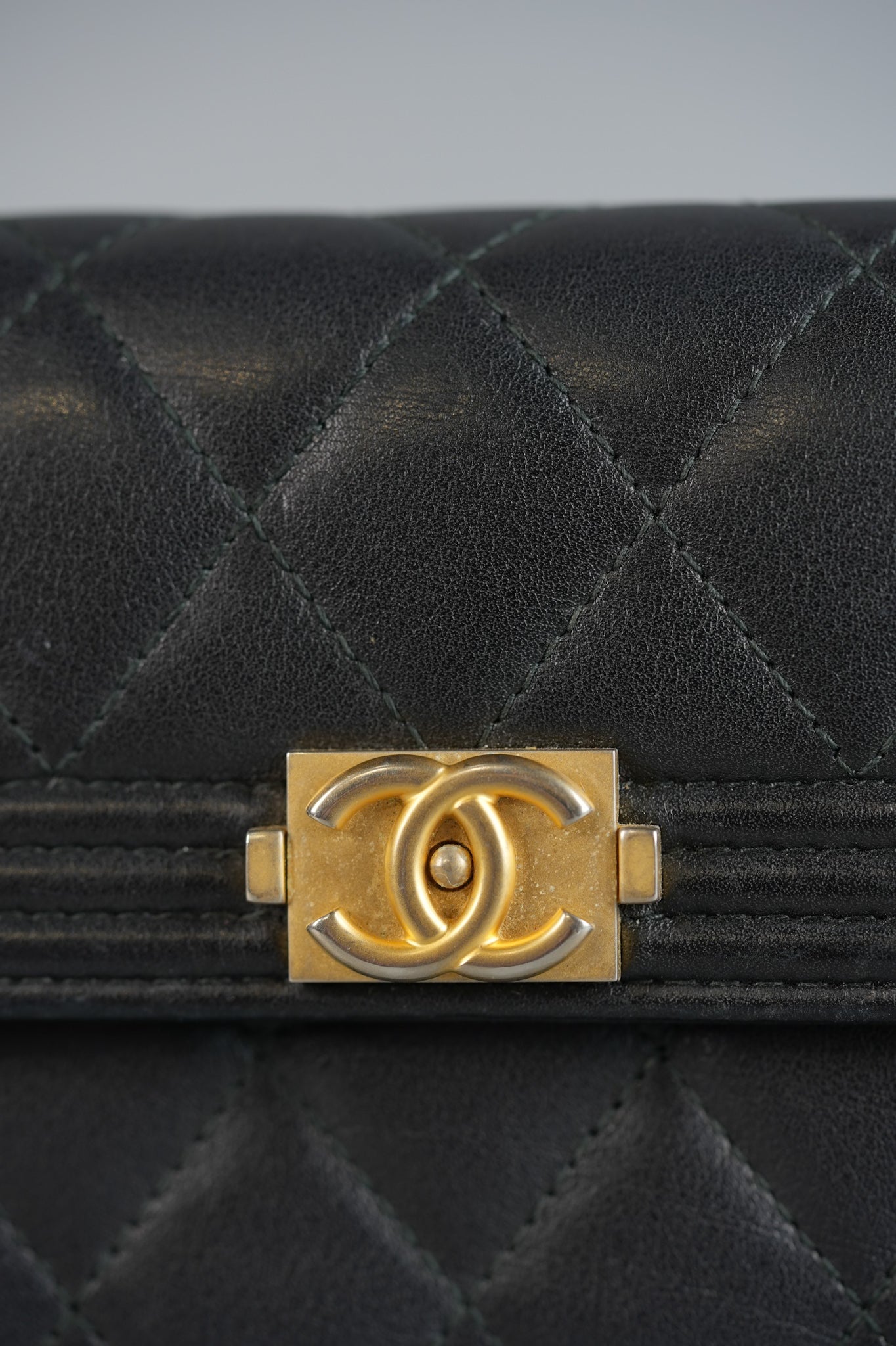 Boy Tri-fold Wallet in Black Quilted Lambskin Leather & Aged Gold Hardware Series 24