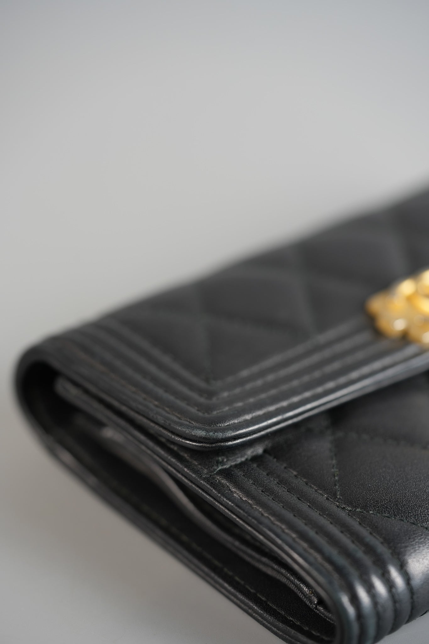 Boy Tri-fold Wallet in Black Quilted Lambskin Leather & Aged Gold Hardware Series 24