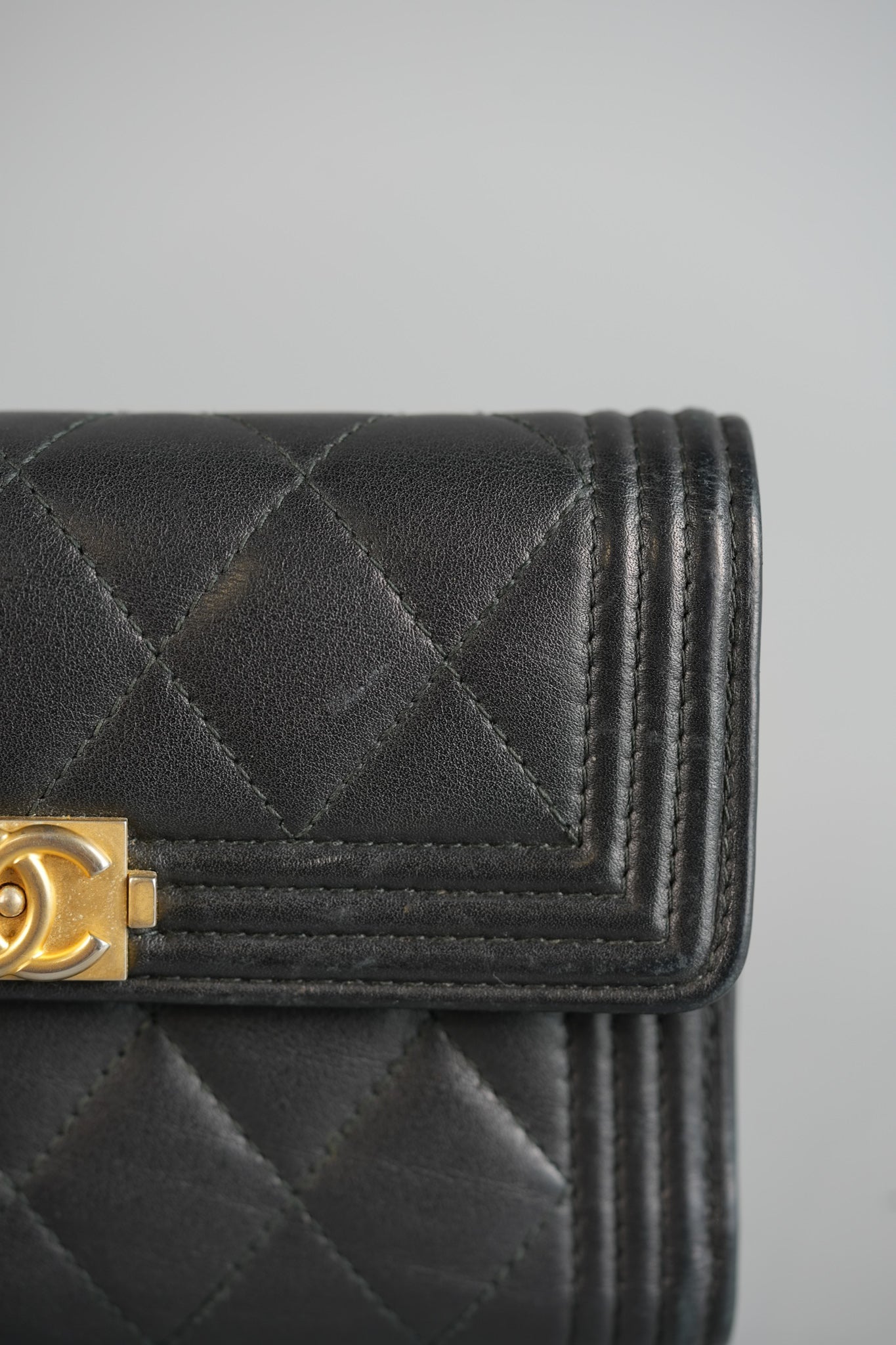 Boy Tri-fold Wallet in Black Quilted Lambskin Leather & Aged Gold Hardware Series 24