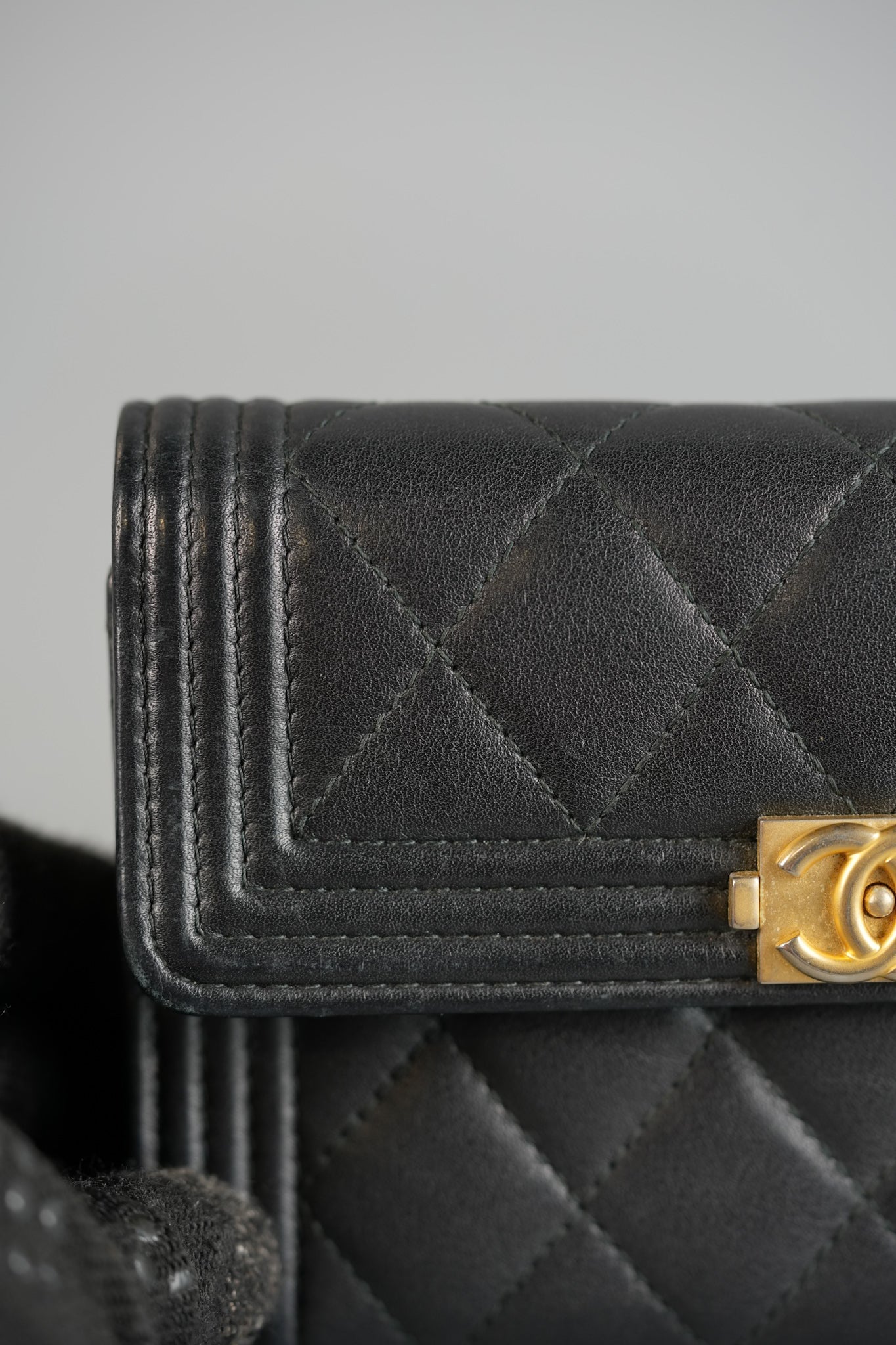 Boy Tri-fold Wallet in Black Quilted Lambskin Leather & Aged Gold Hardware Series 24