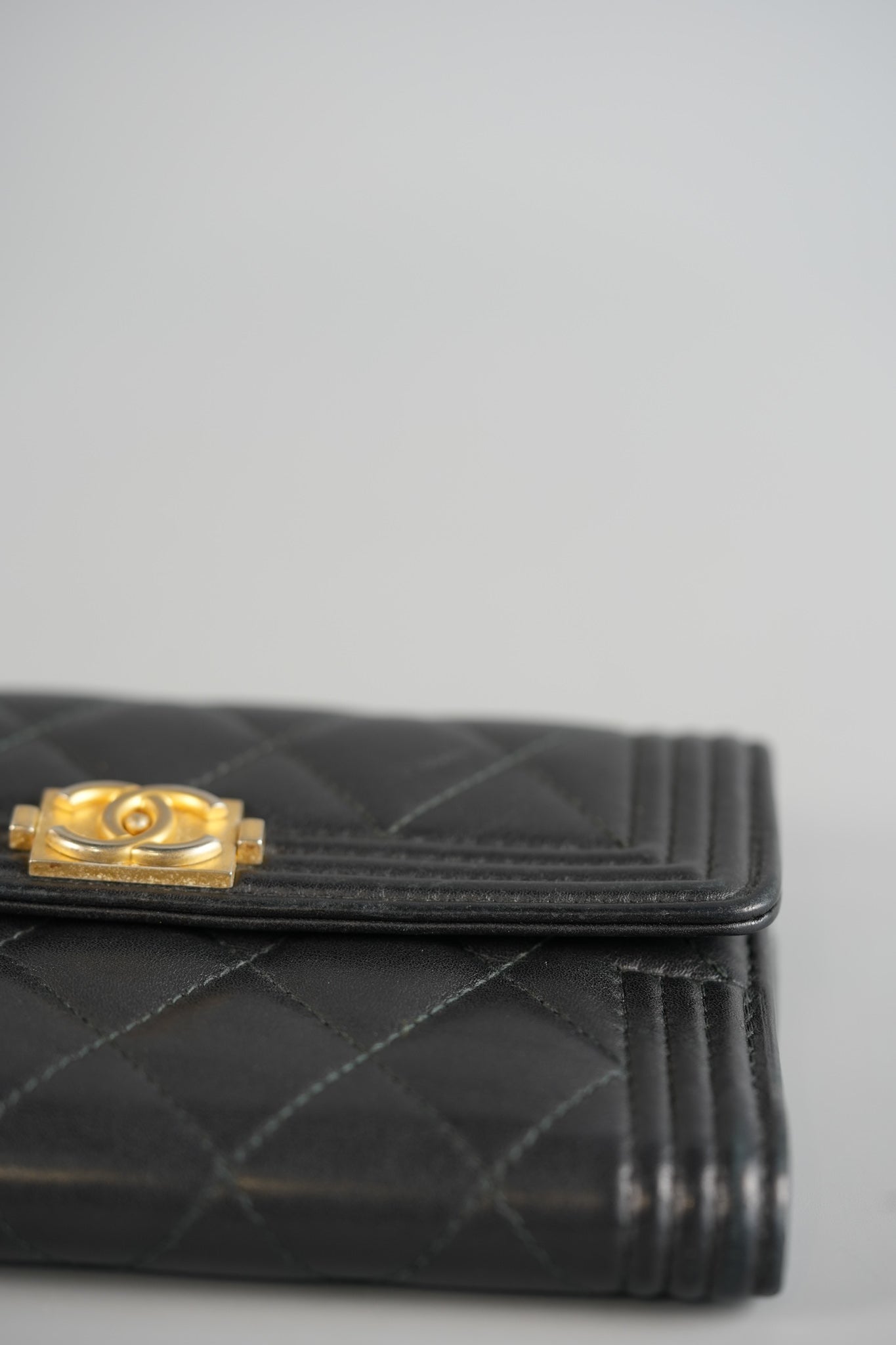 Boy Tri-fold Wallet in Black Quilted Lambskin Leather & Aged Gold Hardware Series 24