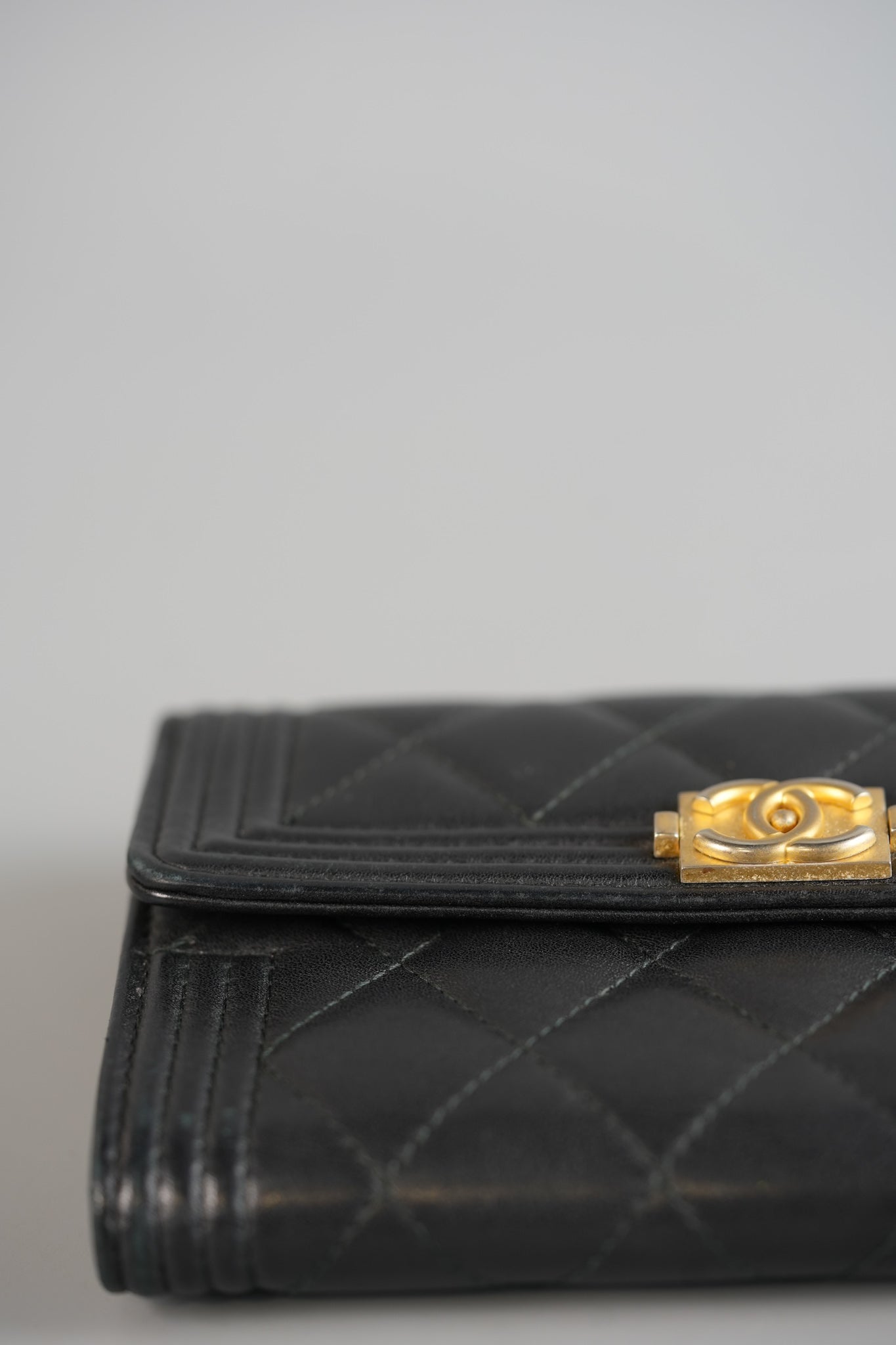 Boy Tri-fold Wallet in Black Quilted Lambskin Leather & Aged Gold Hardware Series 24