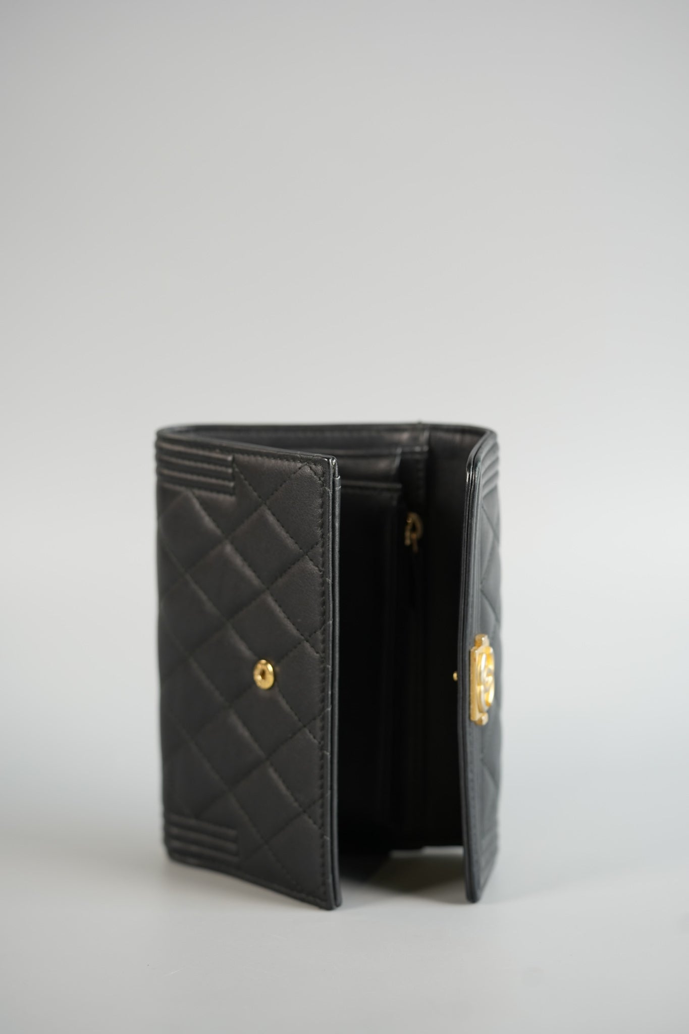 Boy Tri-fold Wallet in Black Quilted Lambskin Leather & Aged Gold Hardware Series 24