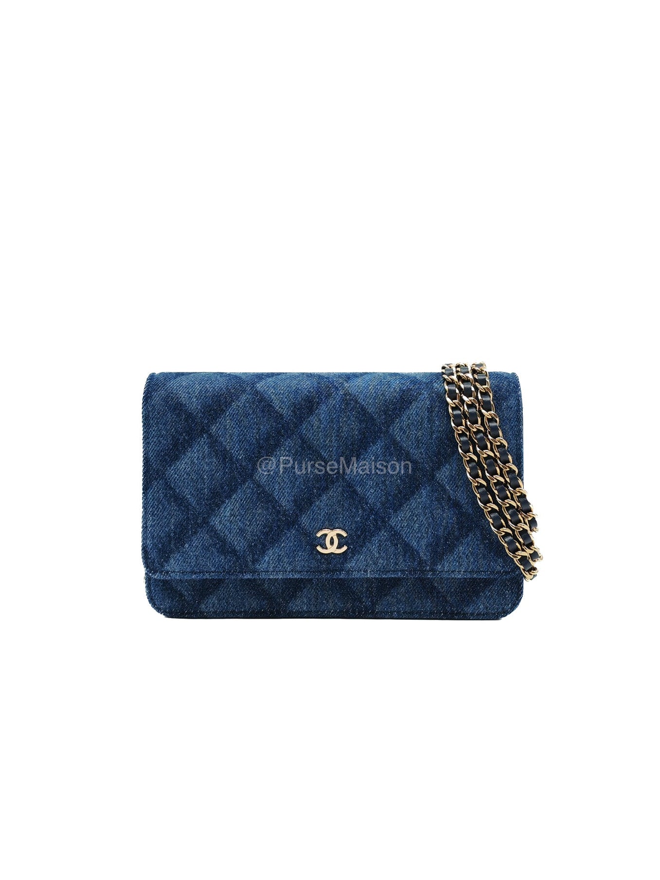 Chanel Classic Wallet on Chain (WOC) in Denim Fabric Canvas Light Gold (Microchip)