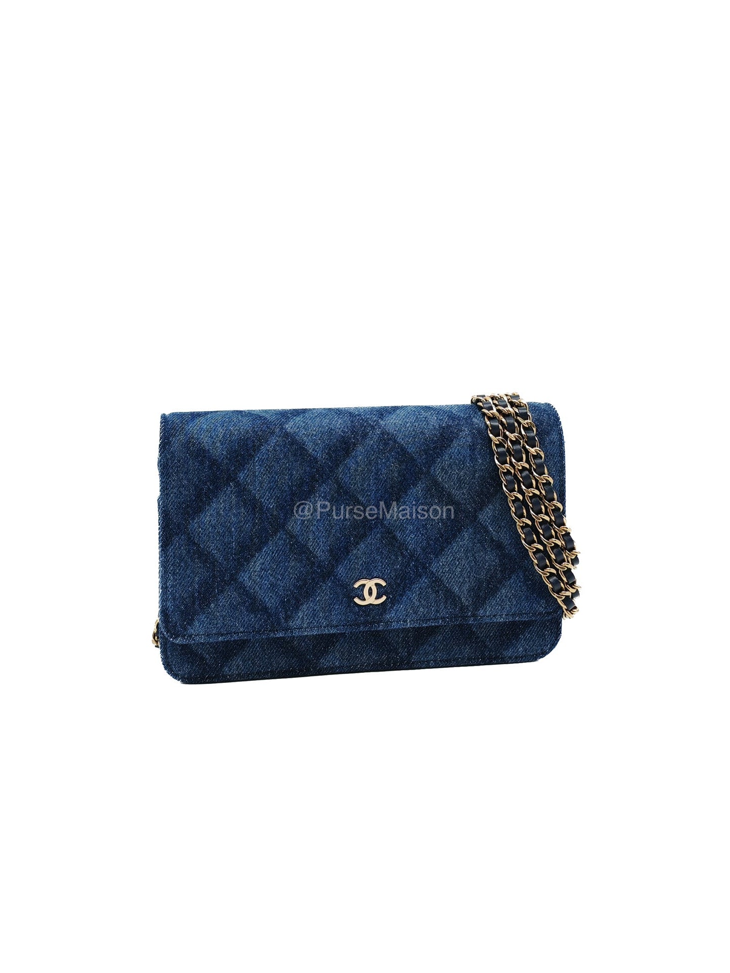 Chanel Classic Wallet on Chain (WOC) in Denim Fabric Canvas Light Gold (Microchip)